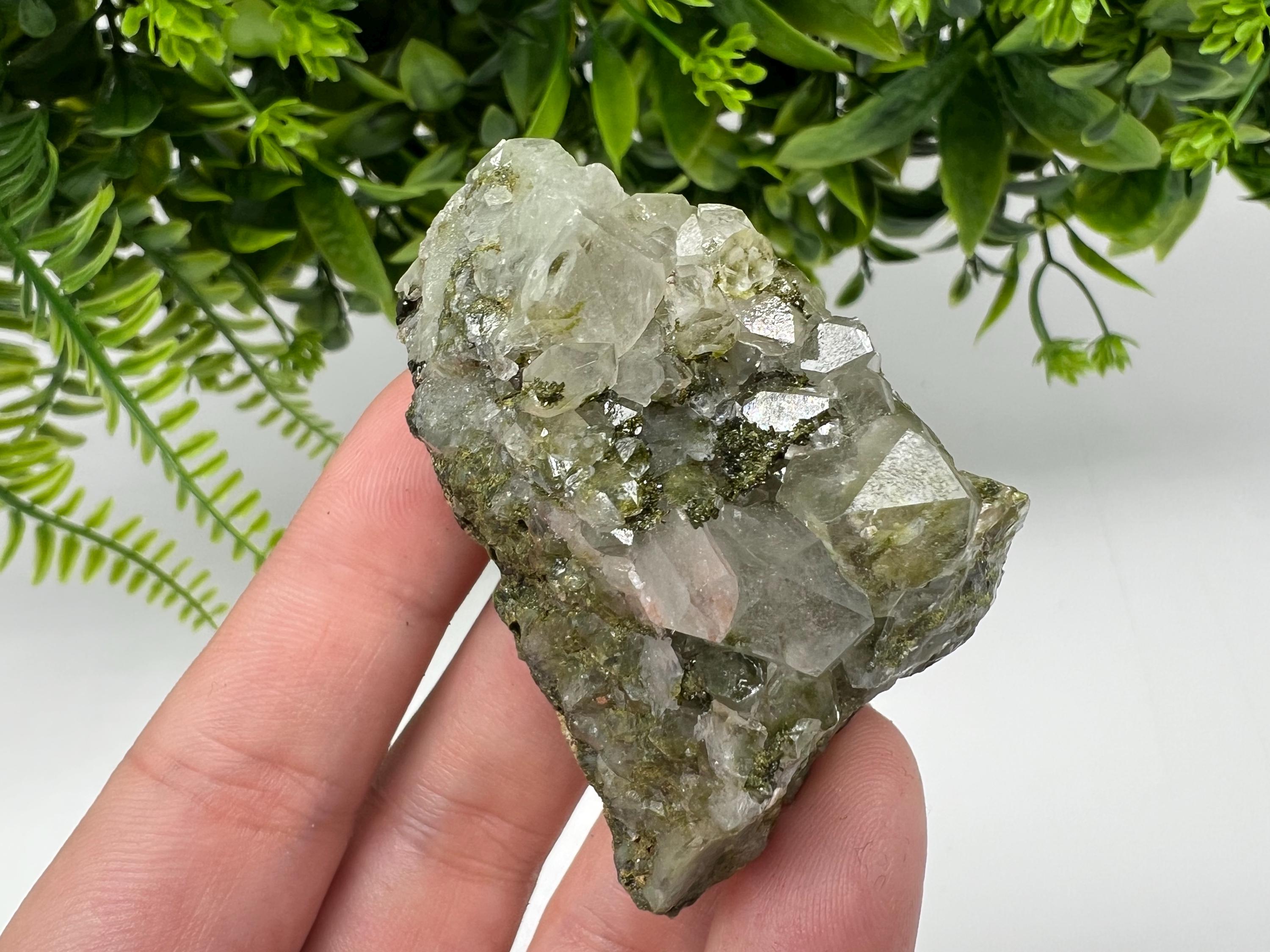 Rare Green Epidote with Quartz Crystals - Rainbow Sparkle Stone, Turkey