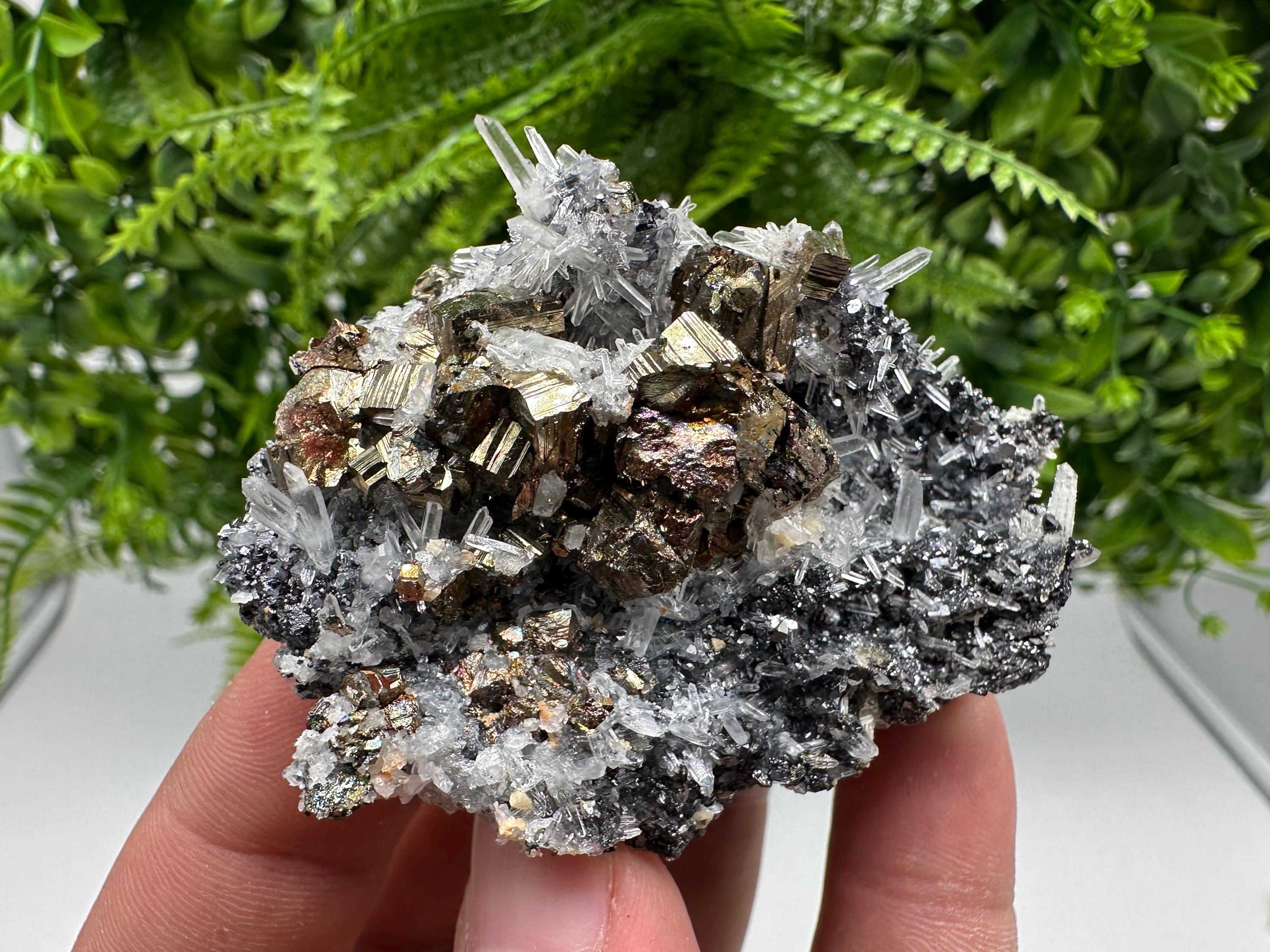 Rainbow Pyrite Sphalerite on Quartz: Natural Crystal Home Decor