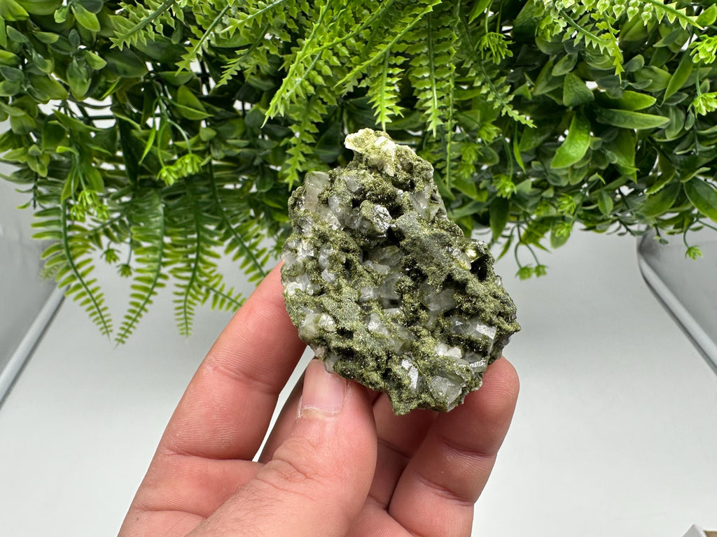 Rare Green Epidote with Quartz Crystals: Sparkly Rainbow Stone Decor
