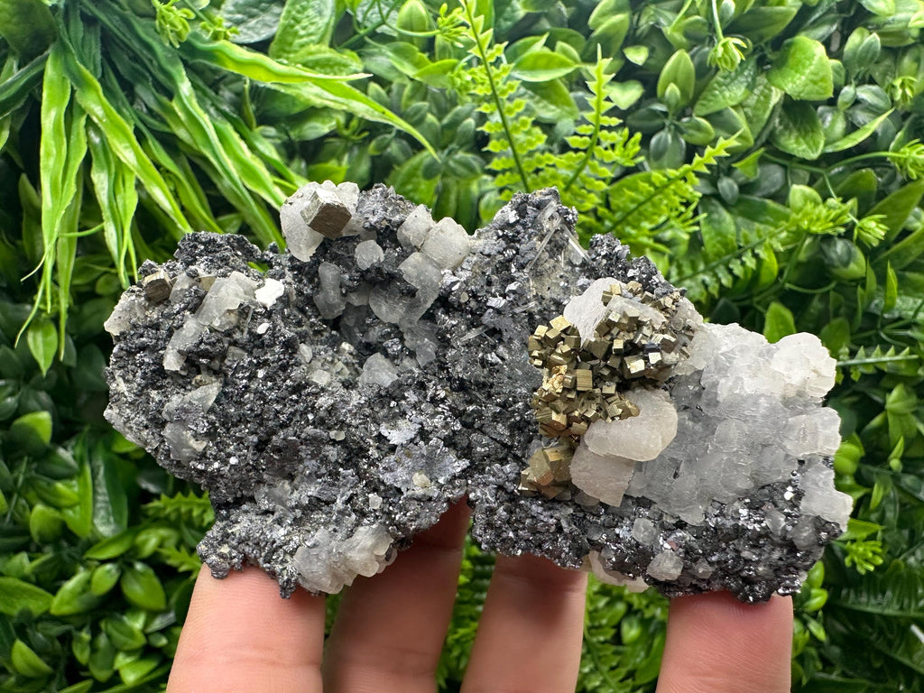 Calcite Quartz Pyrite on Sphalerite, Natural Mineral Specimen