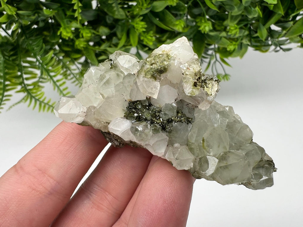 Rare Green Epidote with Quartz Crystals - Sparkly Rainbow Mineral Decor