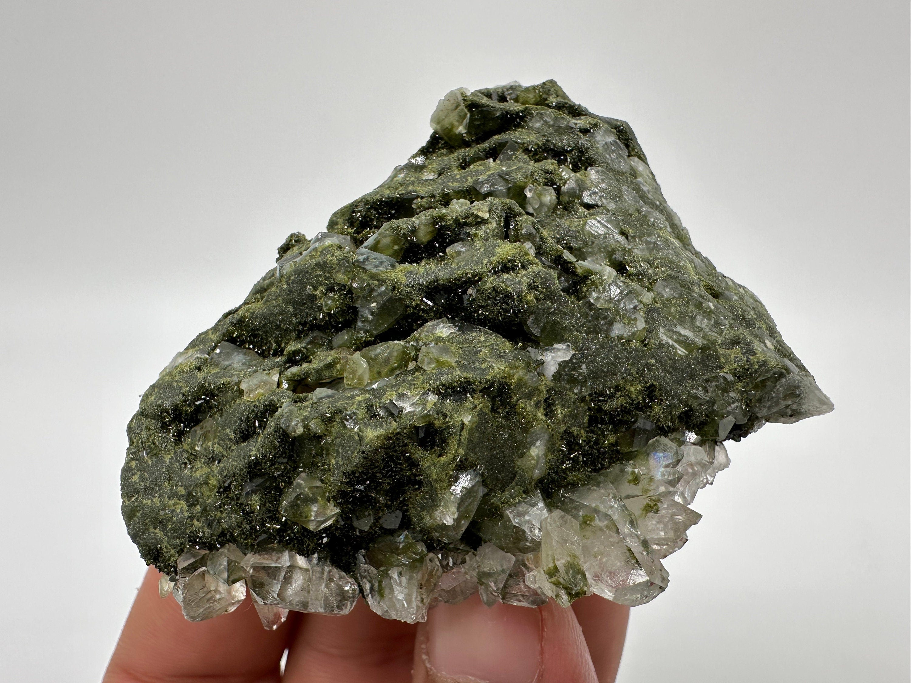 Rare Green Epidote with Quartz Crystals: Sparkly Rainbow Mineral Decor
