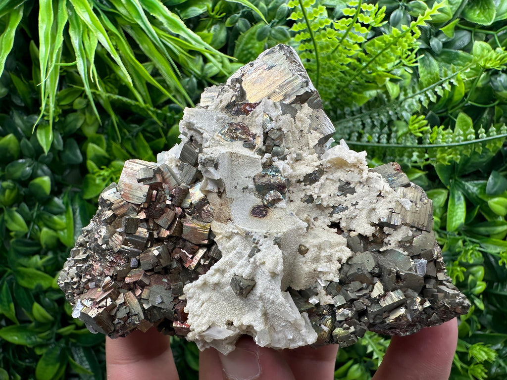 Rainbow Pyrite Cluster with Calcite - Borieva Mine, Bulgaria