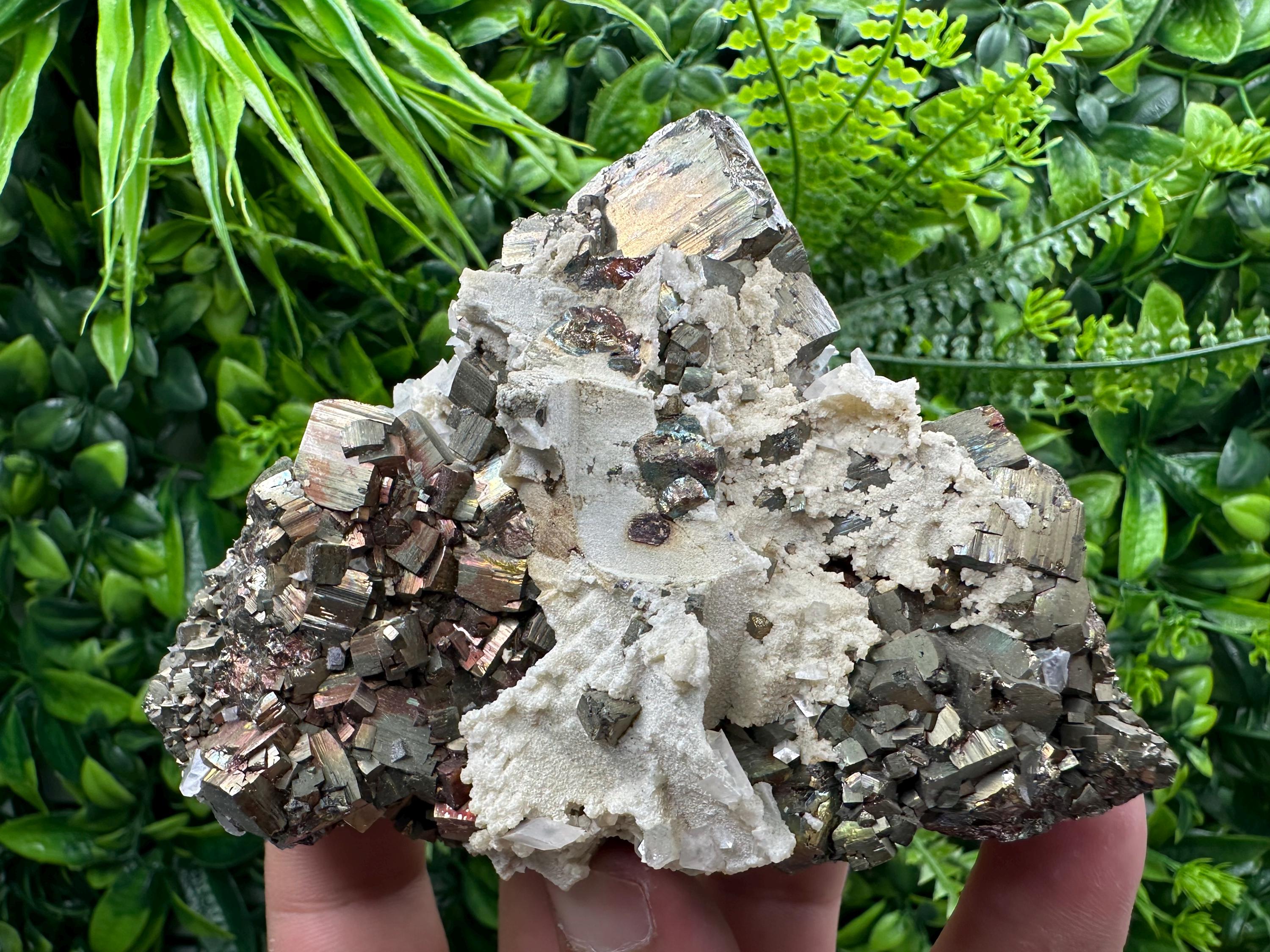 Rainbow Pyrite Cluster with Calcite - Borieva Mine, Bulgaria