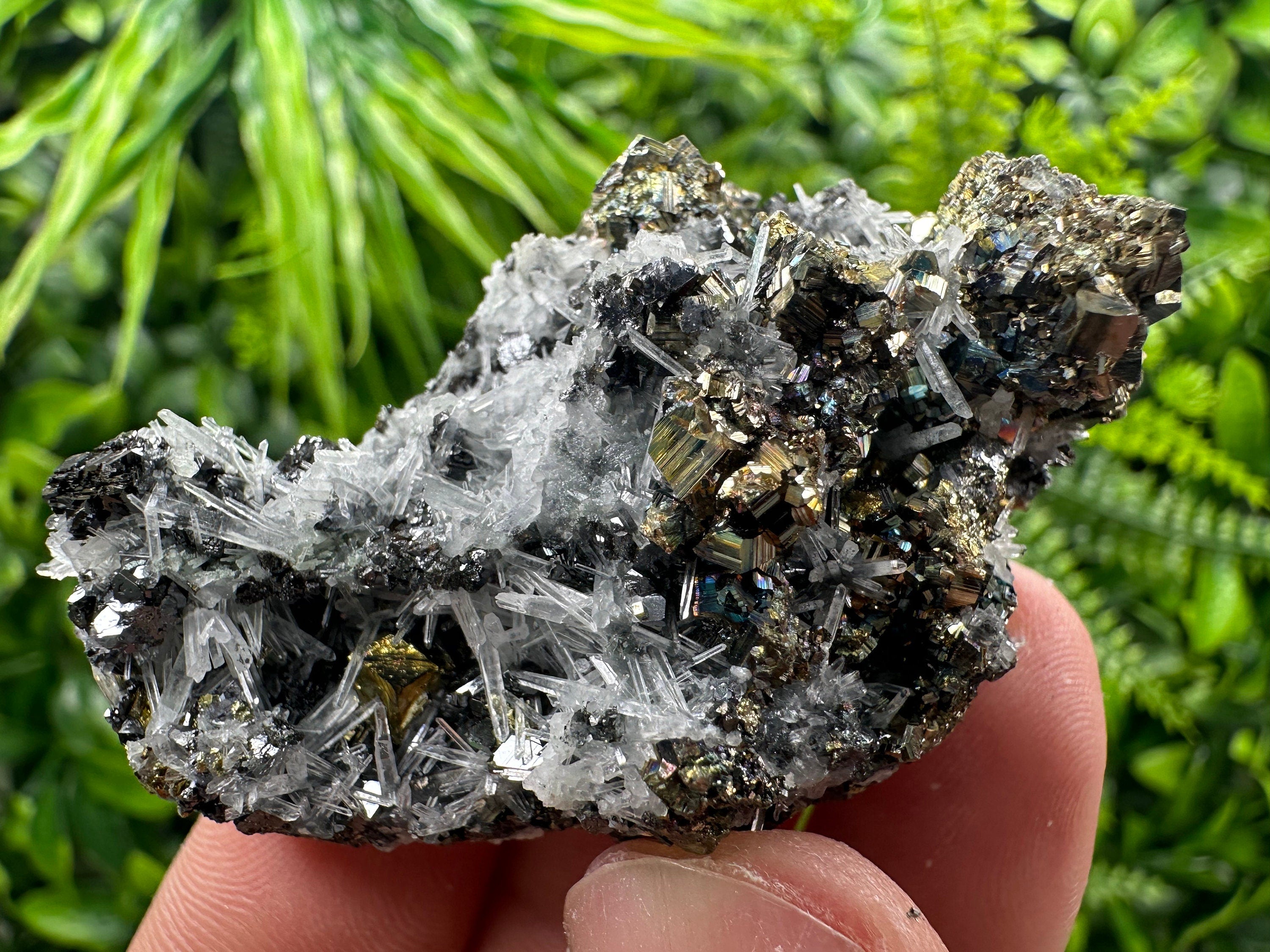 Rainbow Pyrite Sphalerite on Quartz: Natural Crystal Home Decor