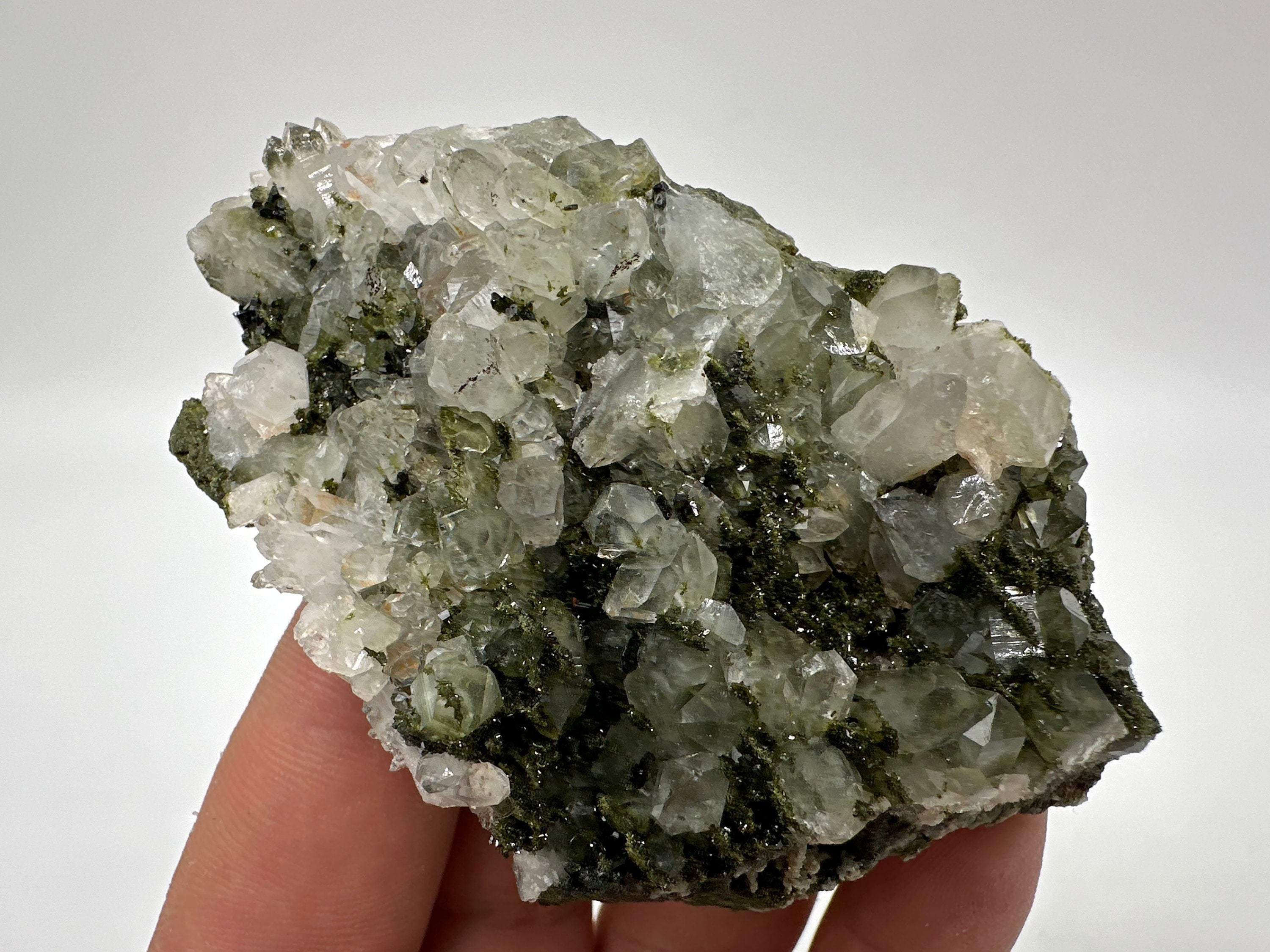 Rare Green Epidote with Quartz Crystals, Rainbow Sparkle, Turkey Mineral Specimen