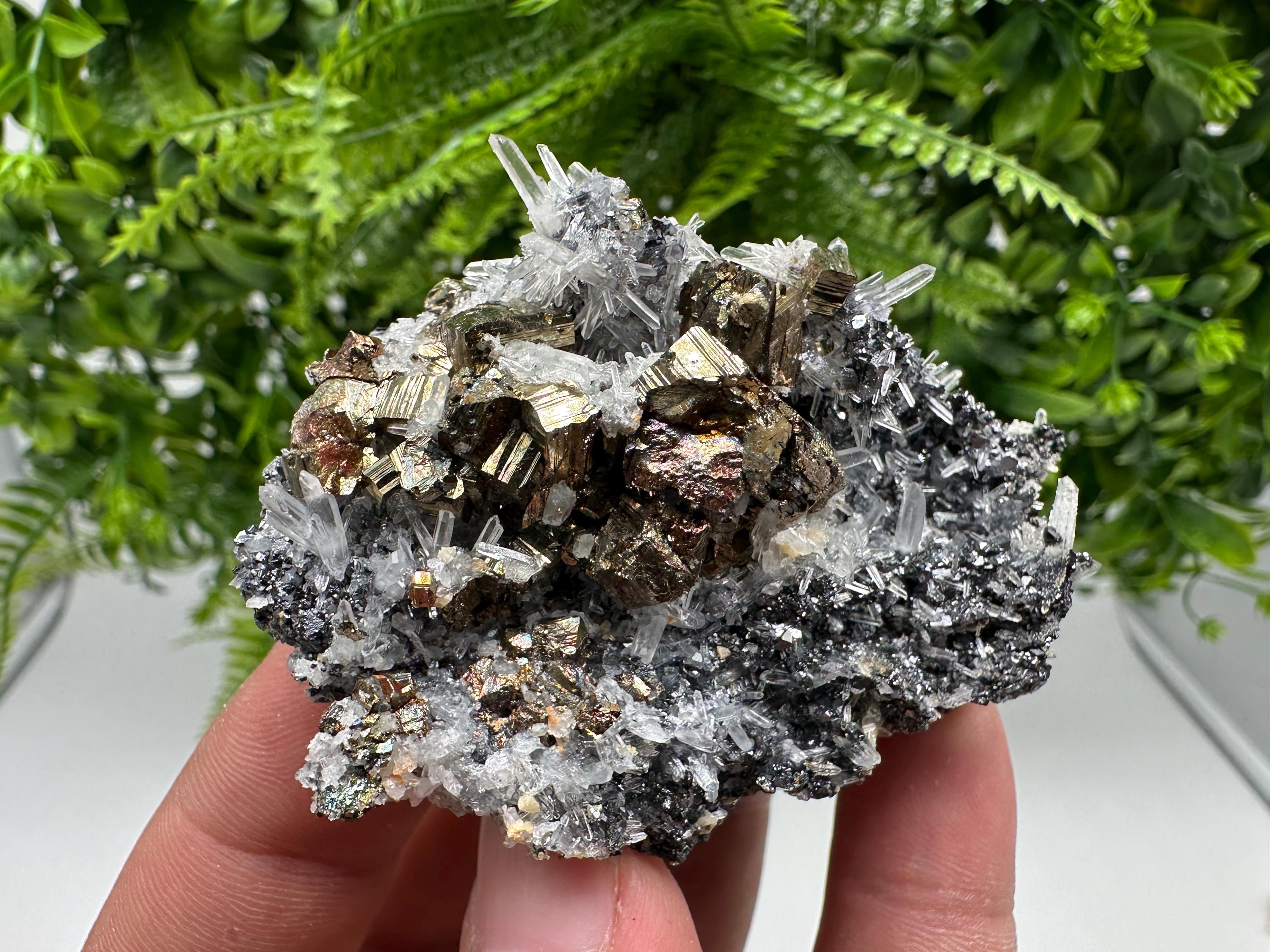 Rainbow Pyrite Sphalerite on Quartz: Natural Crystal Home Decor