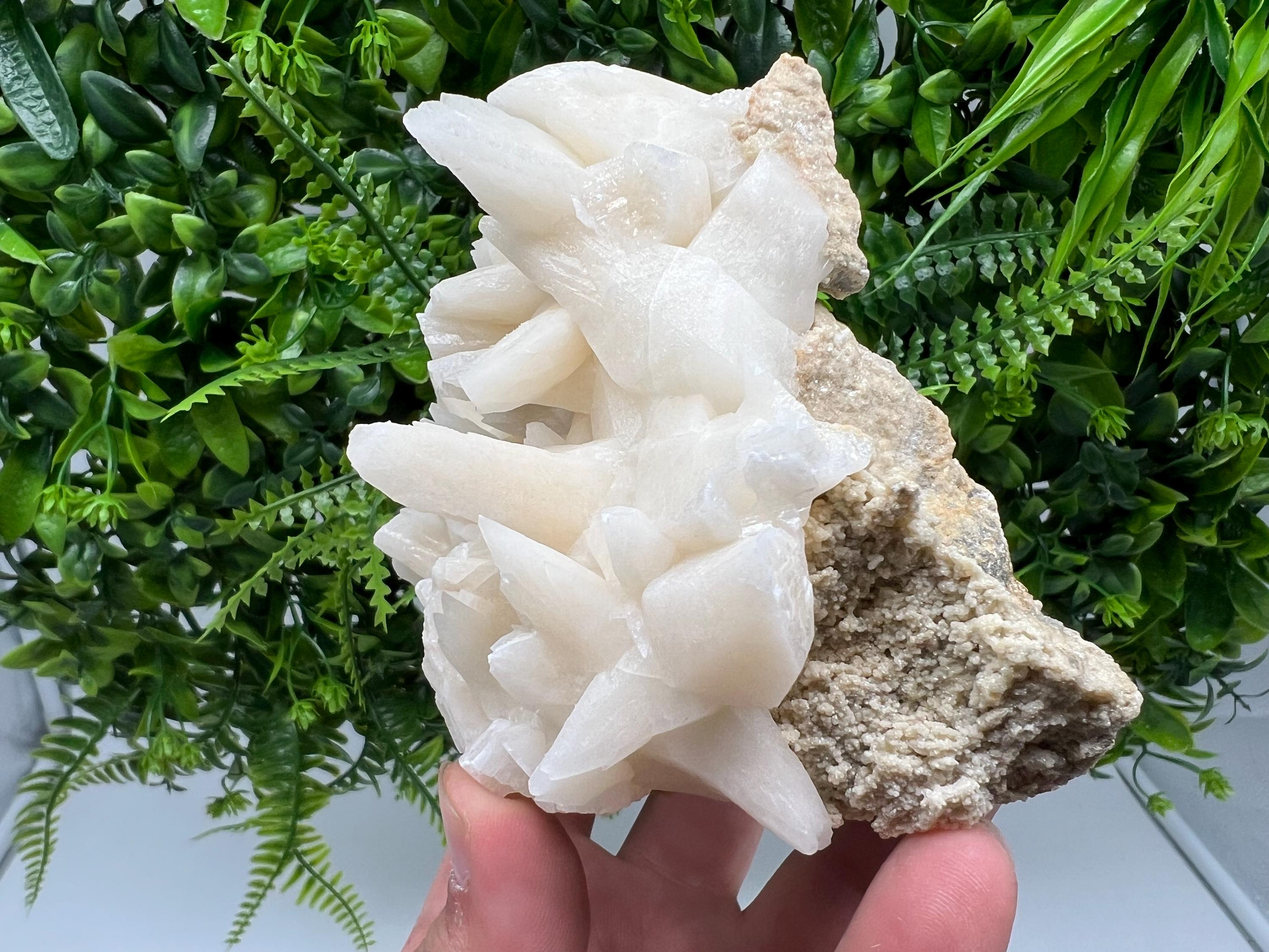 Calcite on Green Quartz: Djurcovo Mine, Bulgaria