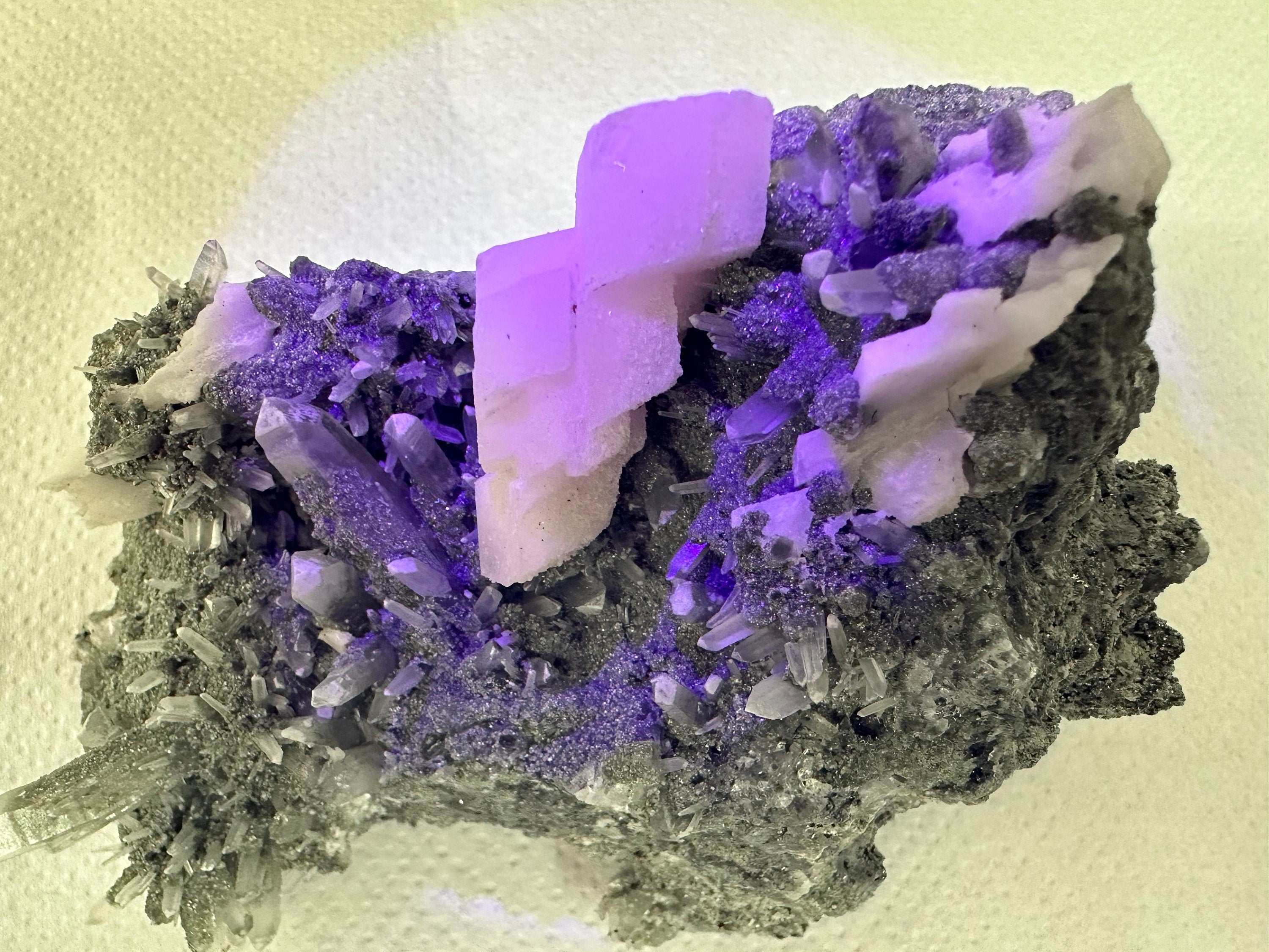 Mangano Calcite on Quartz with Chlorite, Borieva Mine Mineral Specimen