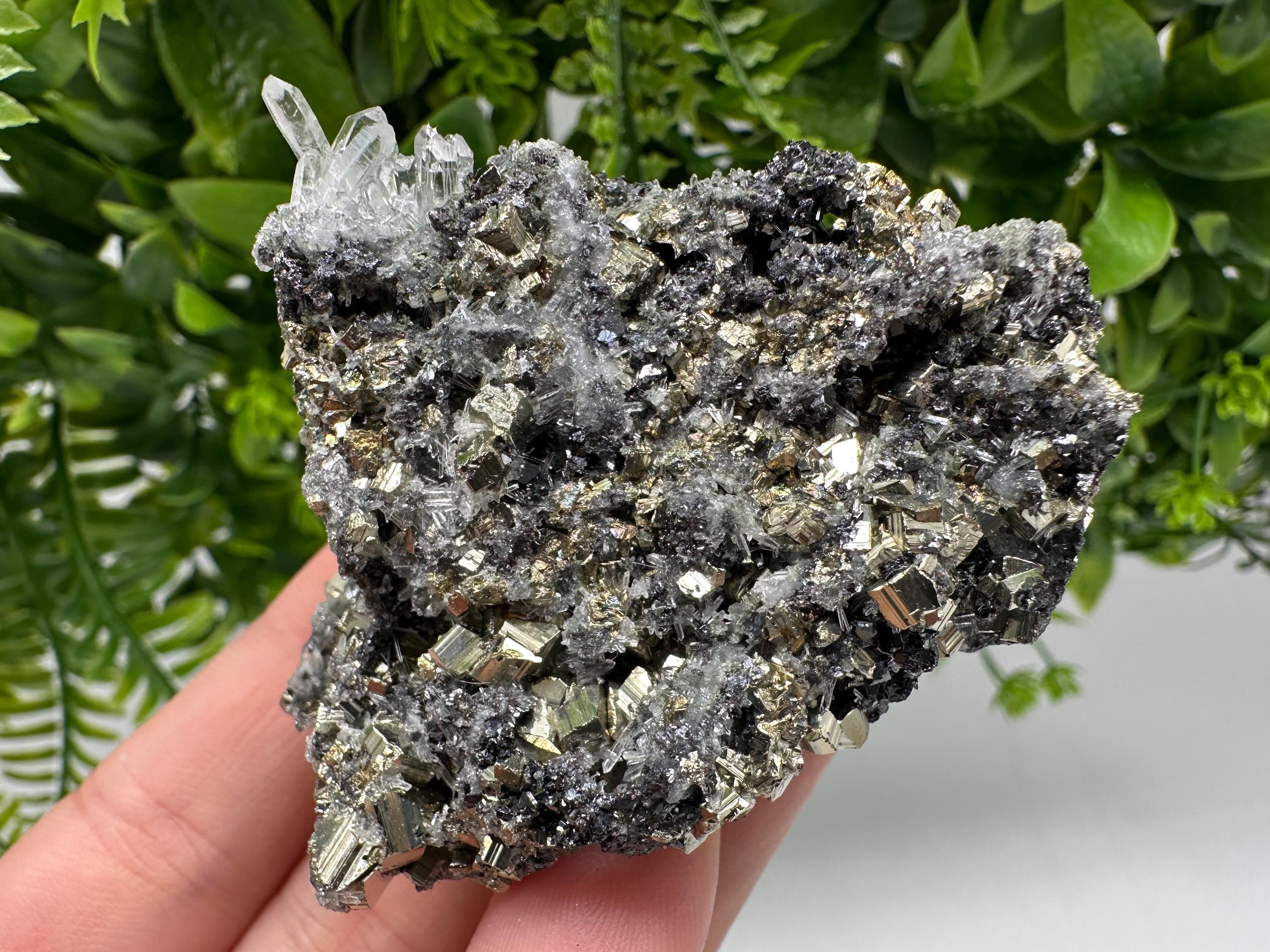 Pyrite on Green Quartz Mineral Specimen, Borieva Mine, Bulgaria