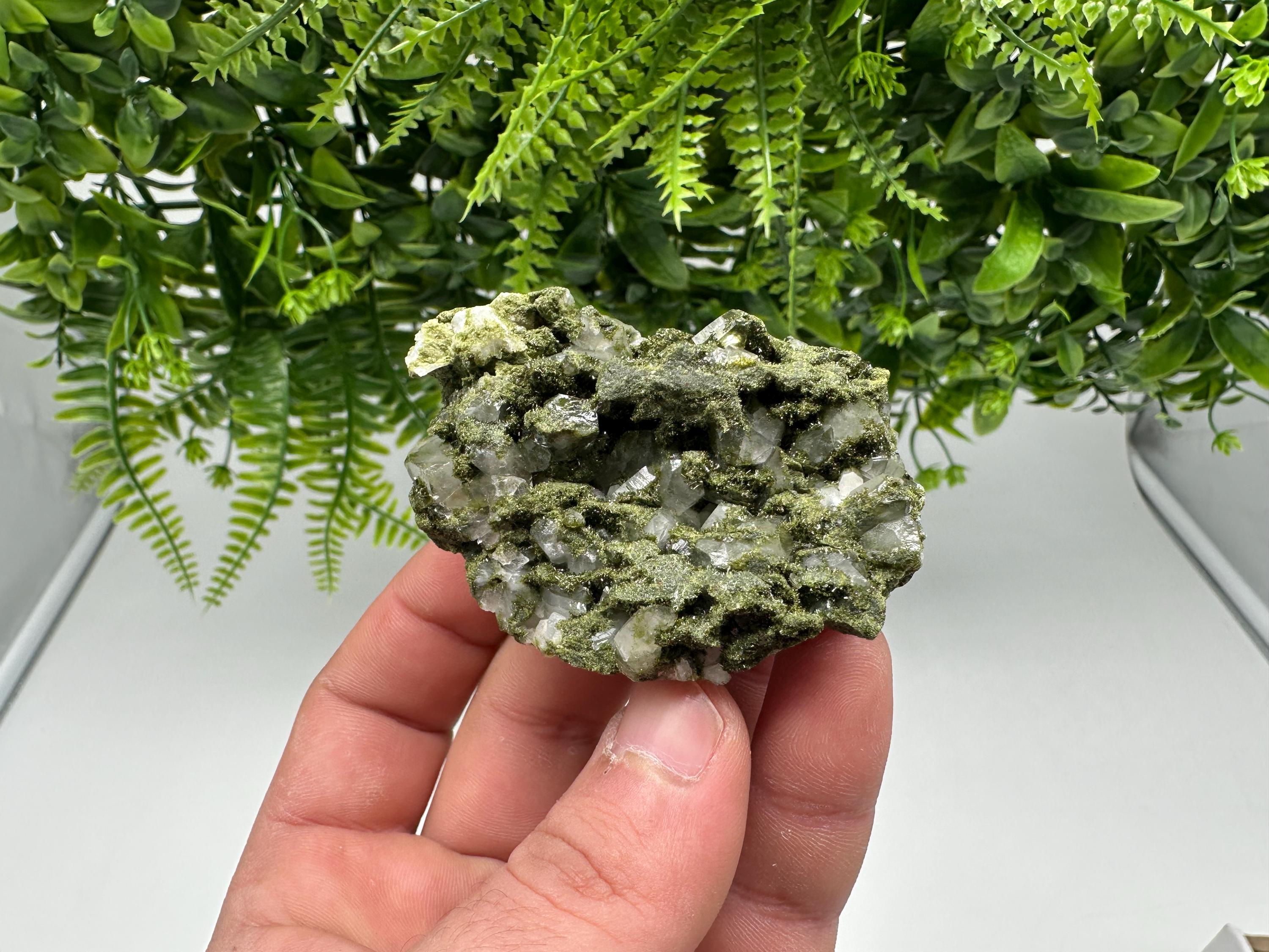 Rare Green Epidote with Quartz Crystals: Sparkly Rainbow Stone Decor