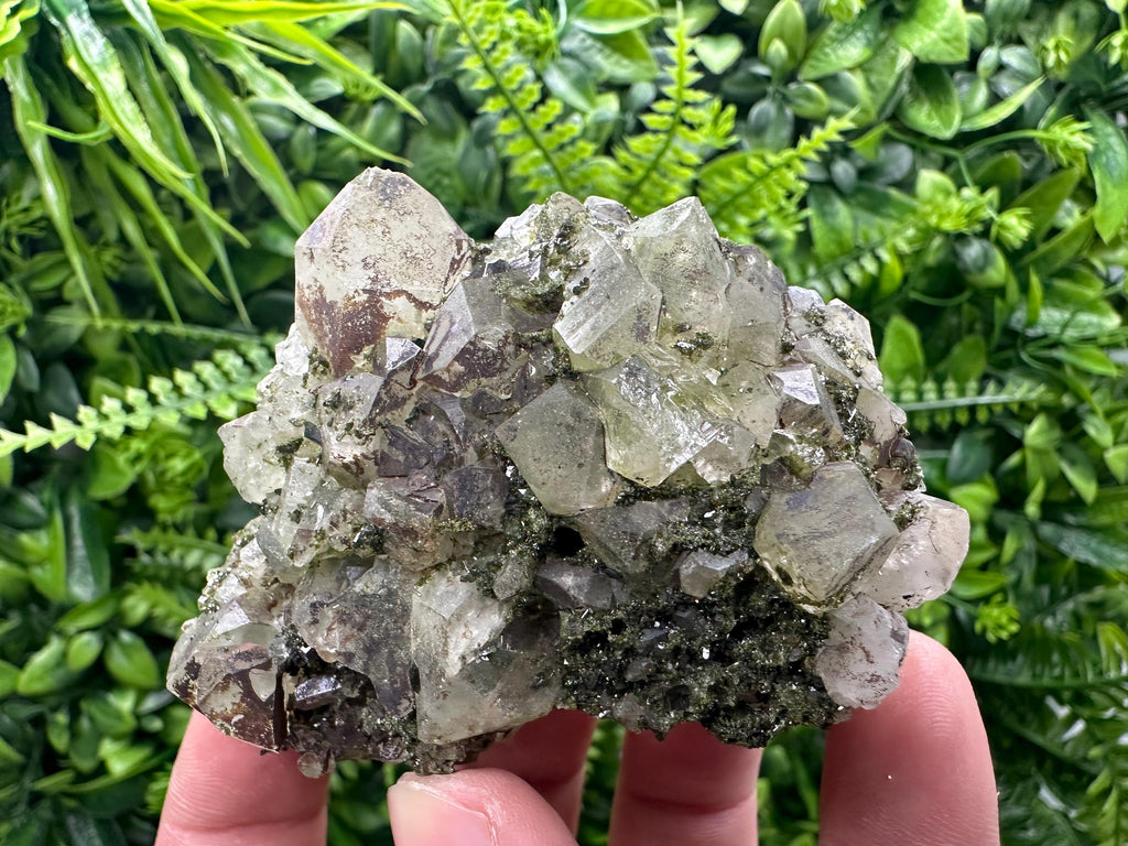 Rare Green Epidote with Quartz Crystals: Sparkly Rainbow Mineral Decor