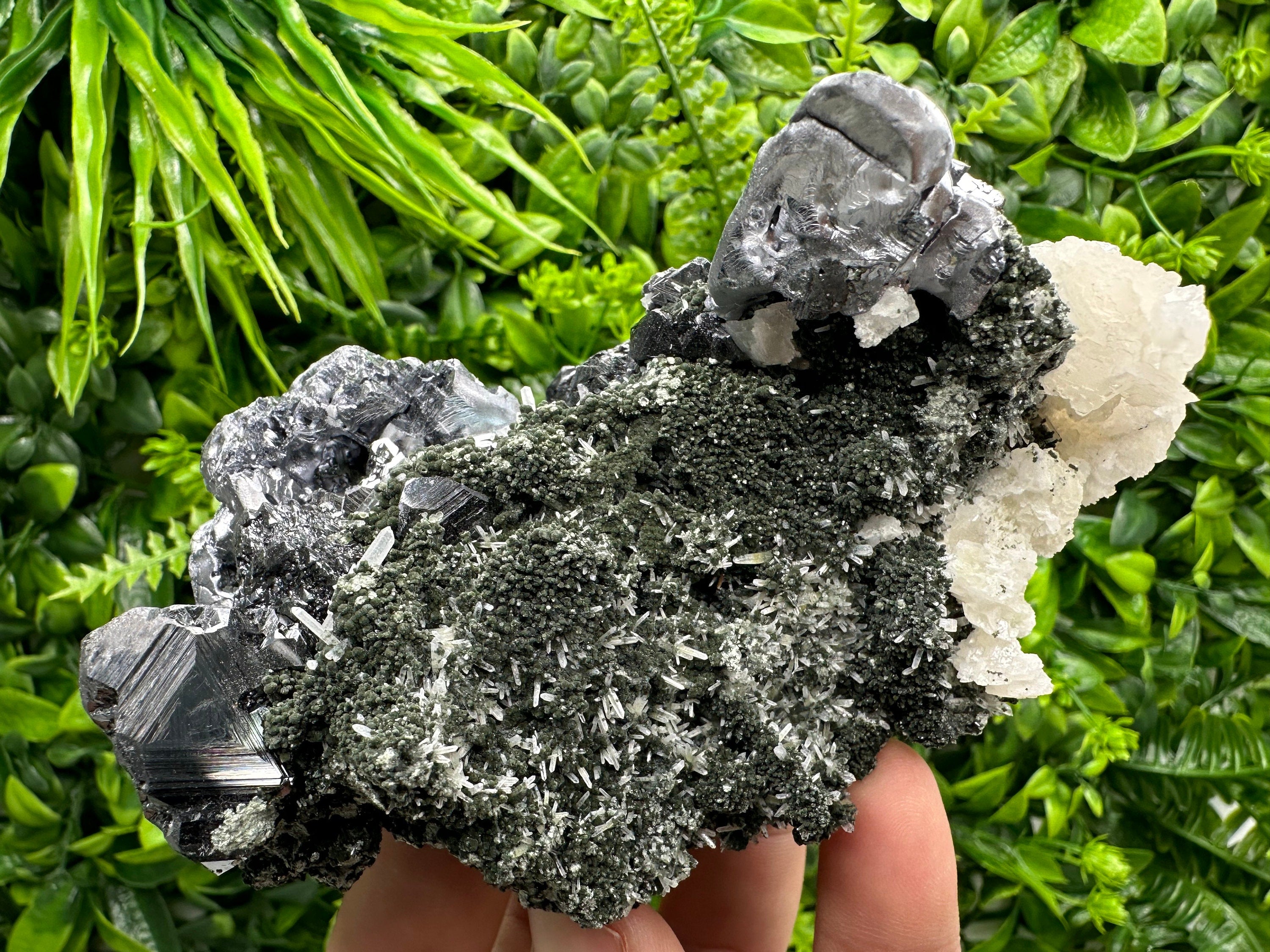 Galena Sphalerite Mineral Specimen, Calcite on Quartz, Bulgarian Crystal