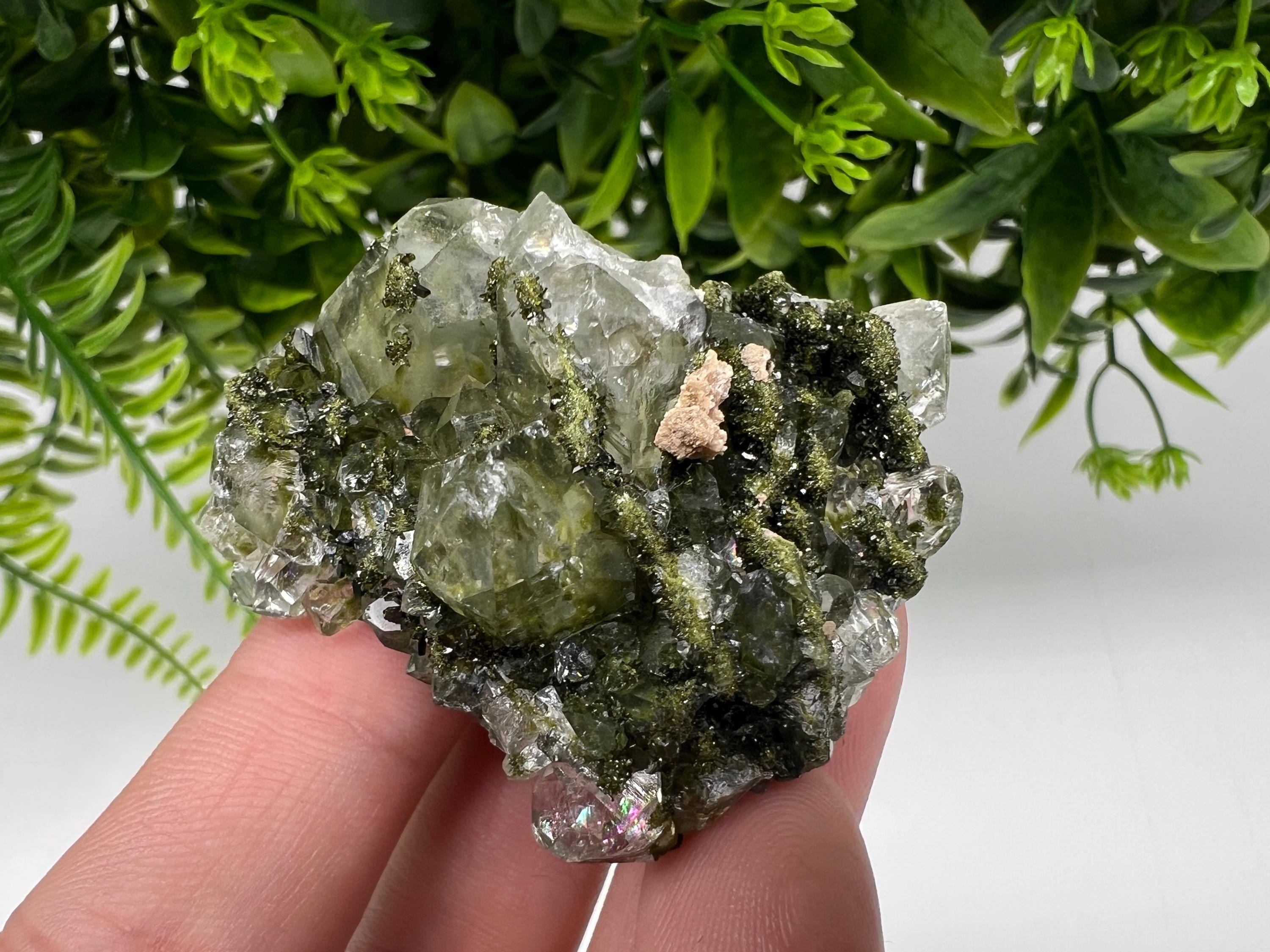 Green Epidote with Quartz Crystals - Extremely Sparkly with Rainbows,souvenirs collection stone,gift,decor, Eastern Anatolian, Turkey