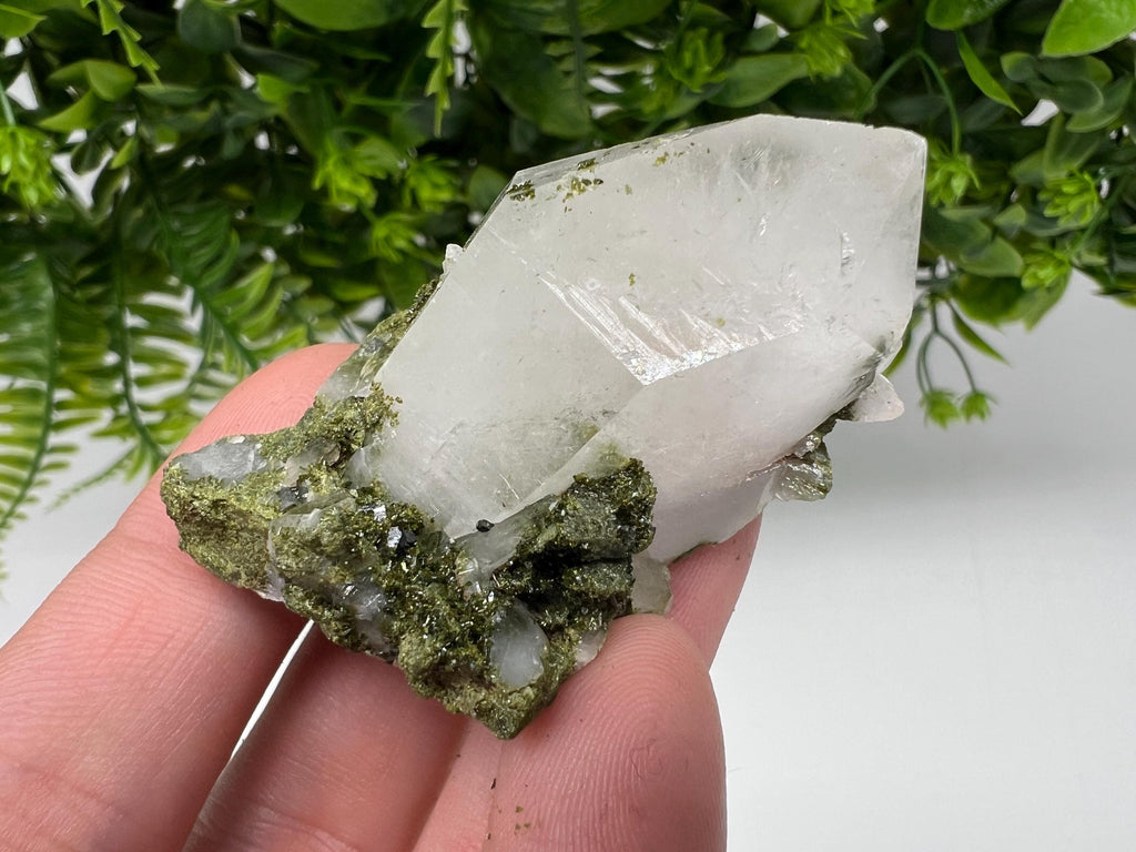 Rare Green Epidote with Quartz Crystals, Sparkly Rainbow Stone, Turkey