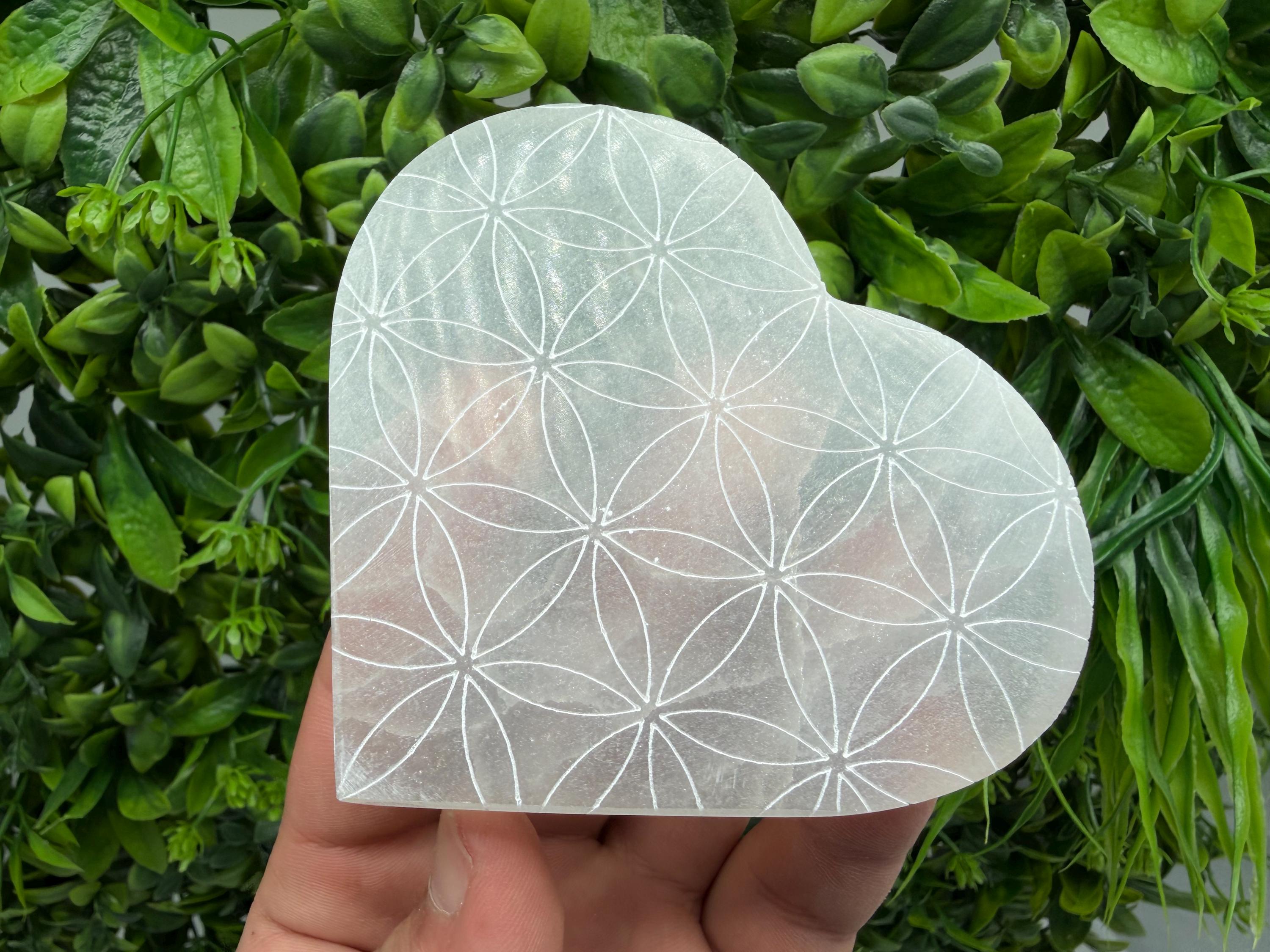 Selenite Heart with Flower of Life Selenite Charging Plate Crystal Charging Dish Sacred Geometry Crystal Reiki Healing Spiritual Altar Decor