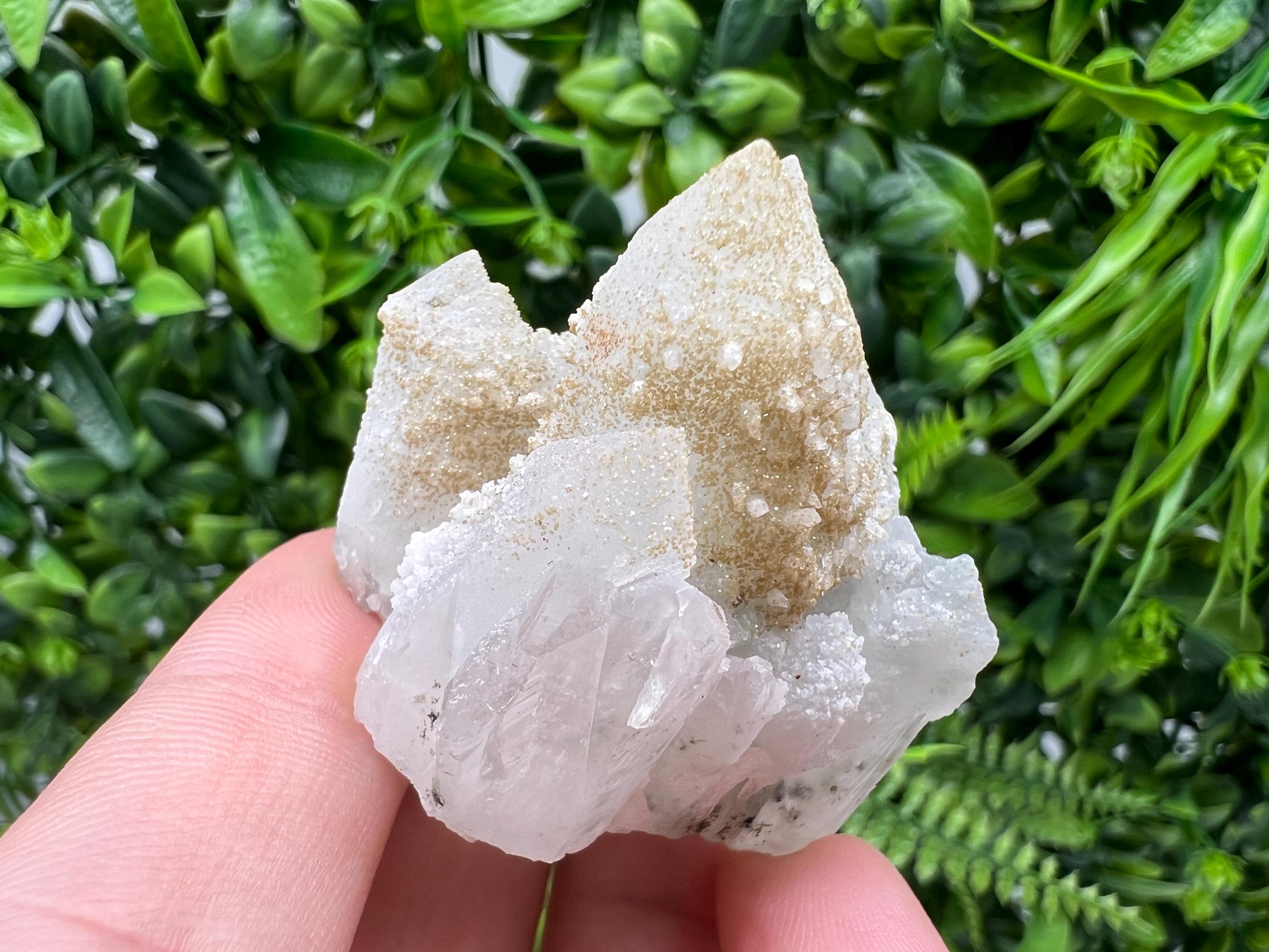 Calcite on Green Quartz Crystal, Djurcovo Mine, Bulgaria
