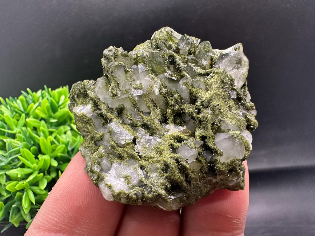 Rare Green Epidote with Quartz Crystals: Sparkly Rainbow Stone, Turkey