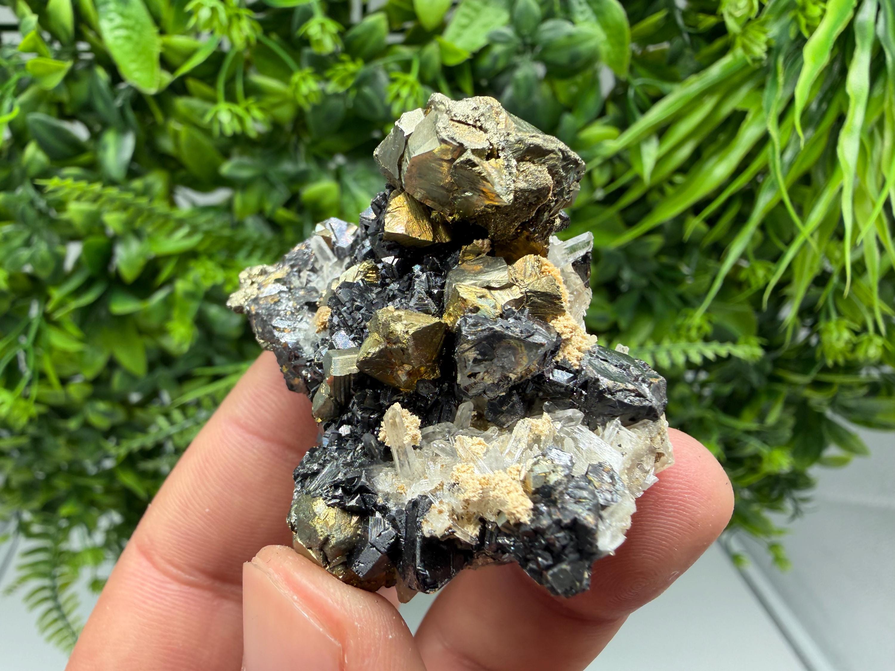 Rainbow Pyrite on Sphalerite with Quartz and Siderite, Collection Specimen