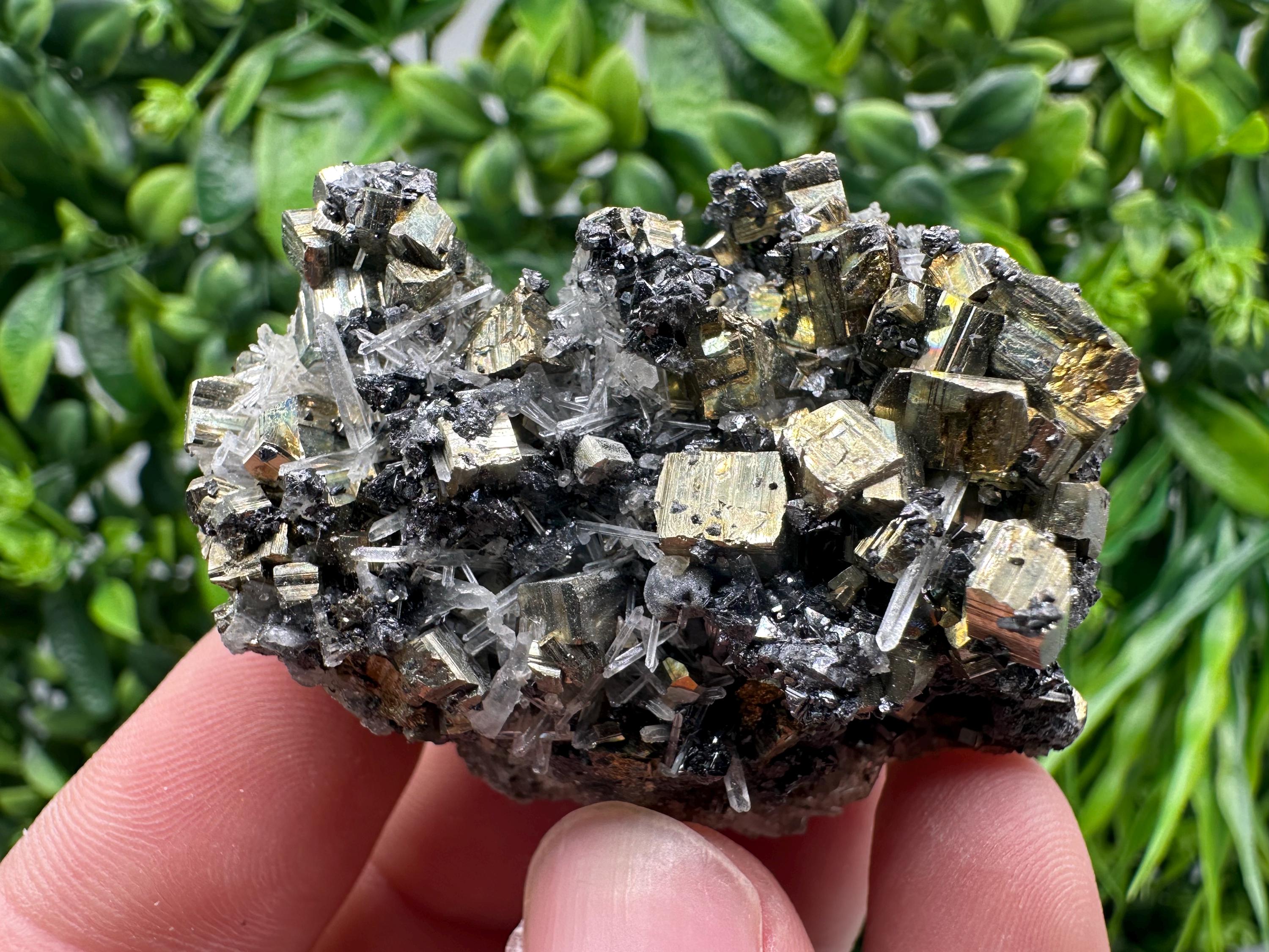 Wonderful Rainbow pyrite,Sphalerite on needles Quartz,natural minerals souvenir crystal gift collection stone,home decor Borieva Bulgaria
