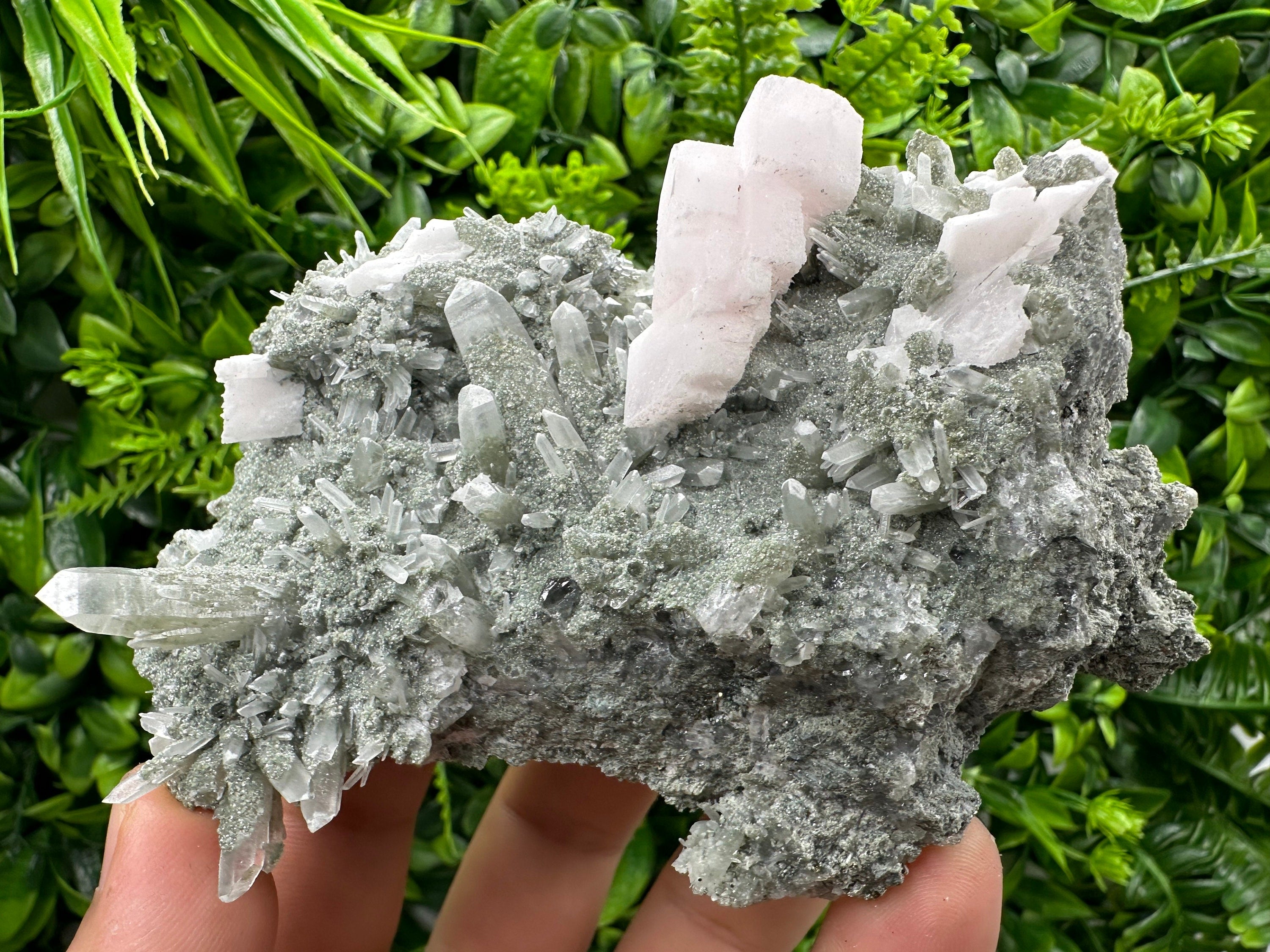 Mangano Calcite on Quartz with Chlorite, Borieva Mine Mineral Specimen