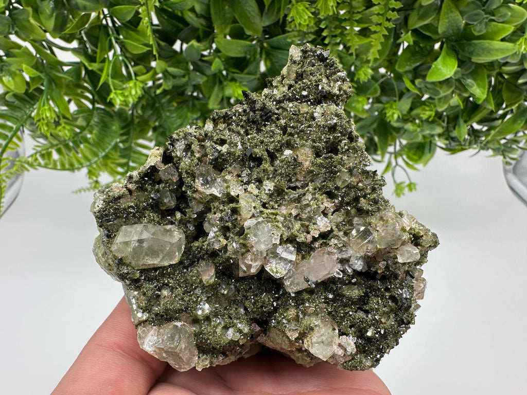 Green Epidote with Quartz Crystals: Sparkly Rainbow Mineral Decor