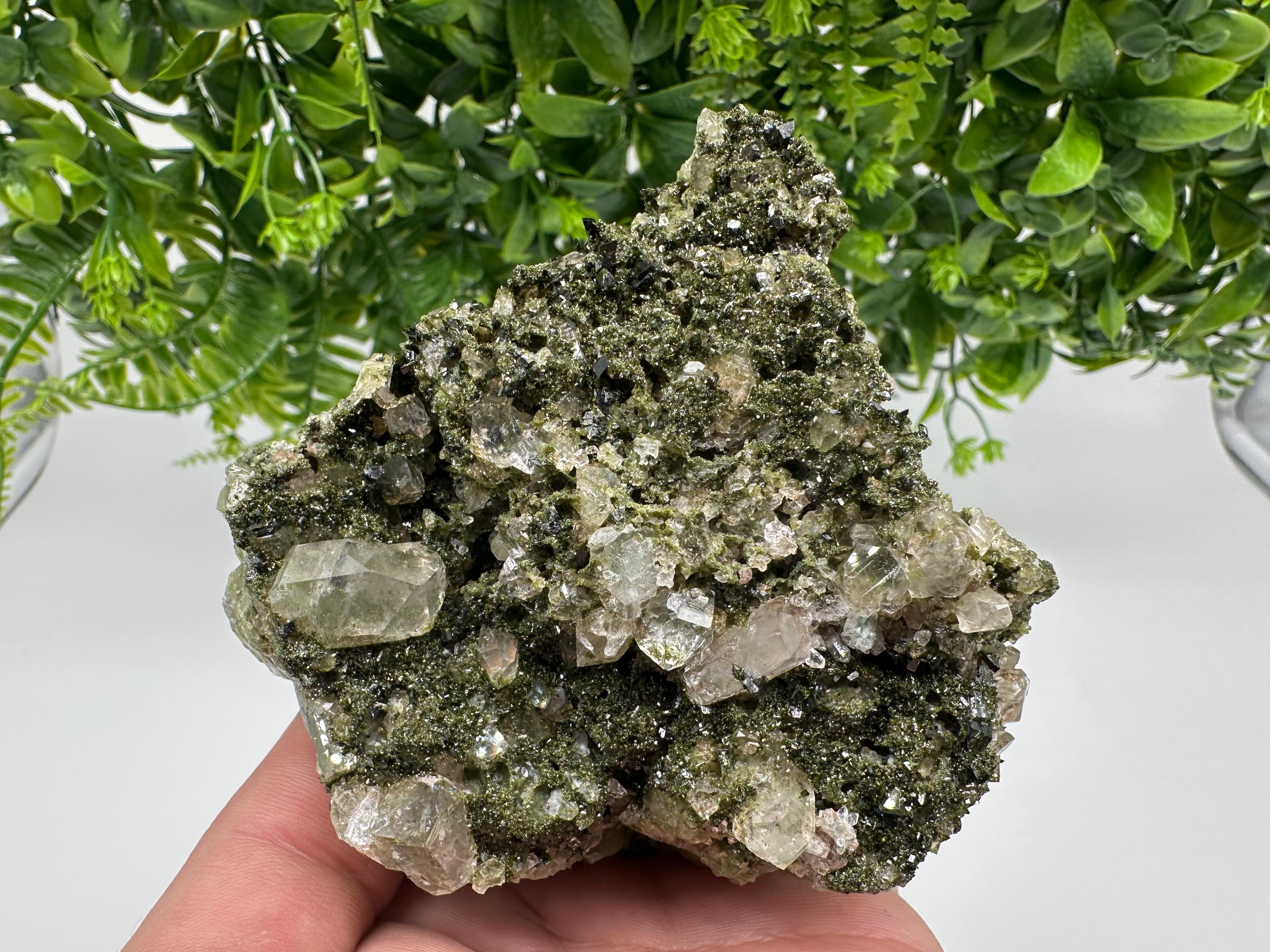 Green Epidote with Quartz Crystals: Sparkly Rainbow Mineral Decor