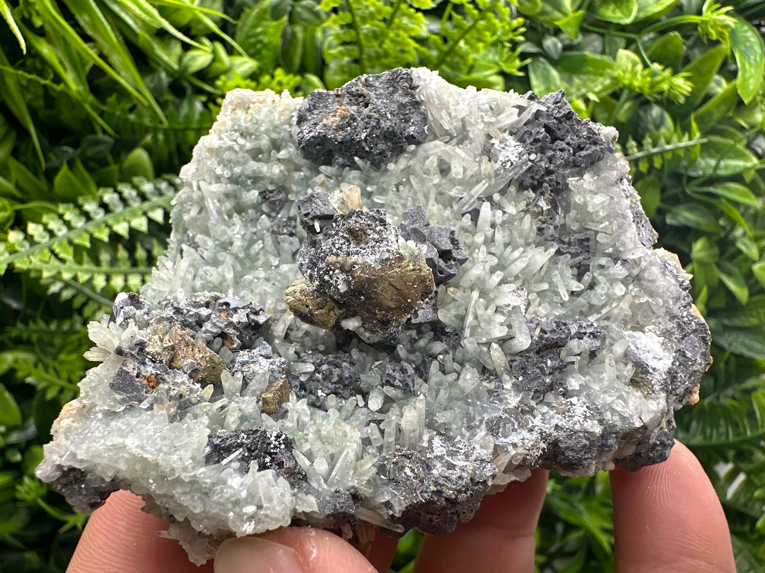 Chalcopyrite Galena on Green Quartz, Bulgaria Mineral Specimen