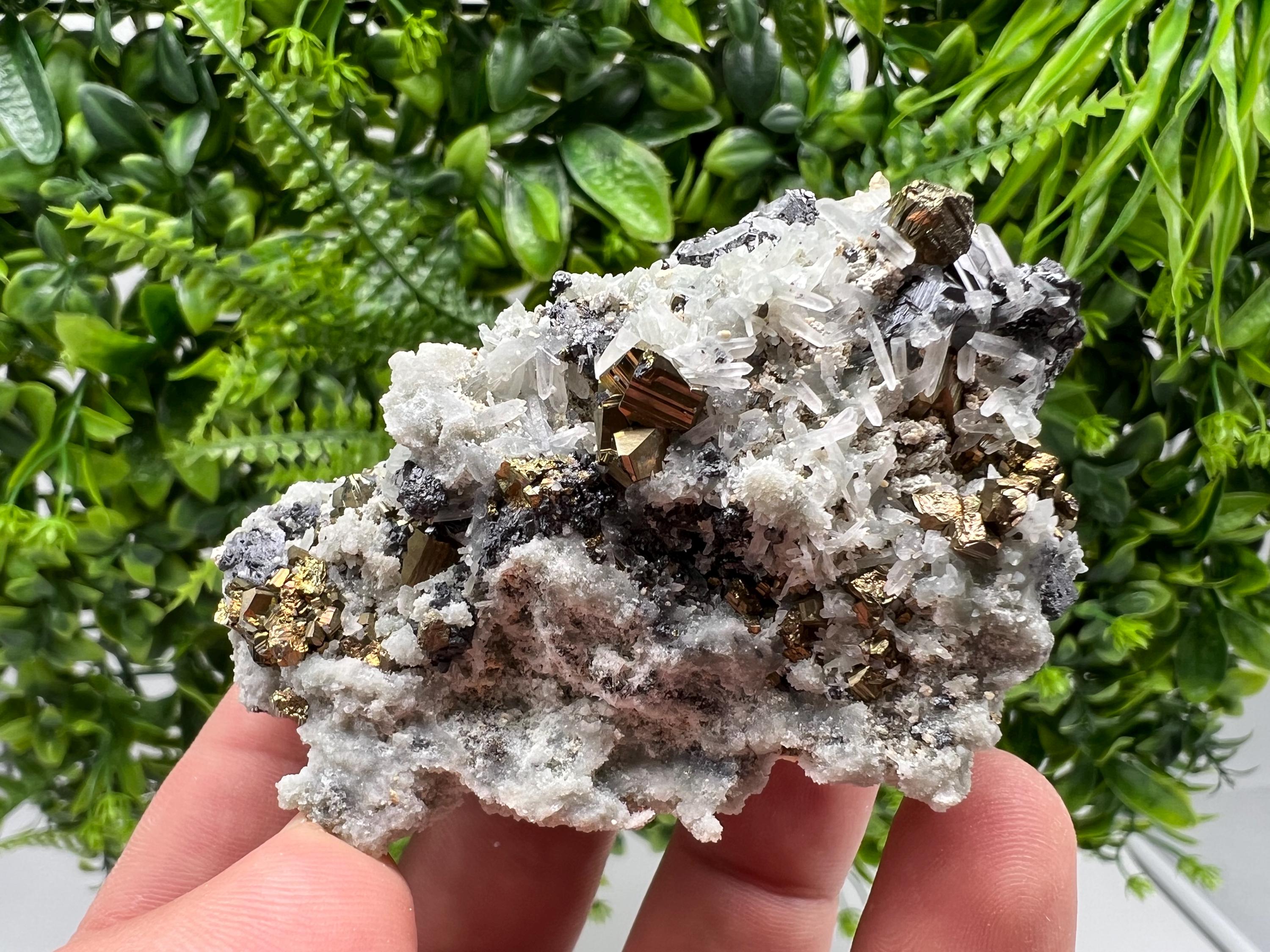 Wonderful Rainbow Pyrite,Sphalerite on Quartz from 9 th September mine,Madan,Bulgaria natural,collectibles mineral specimen,home decor stone