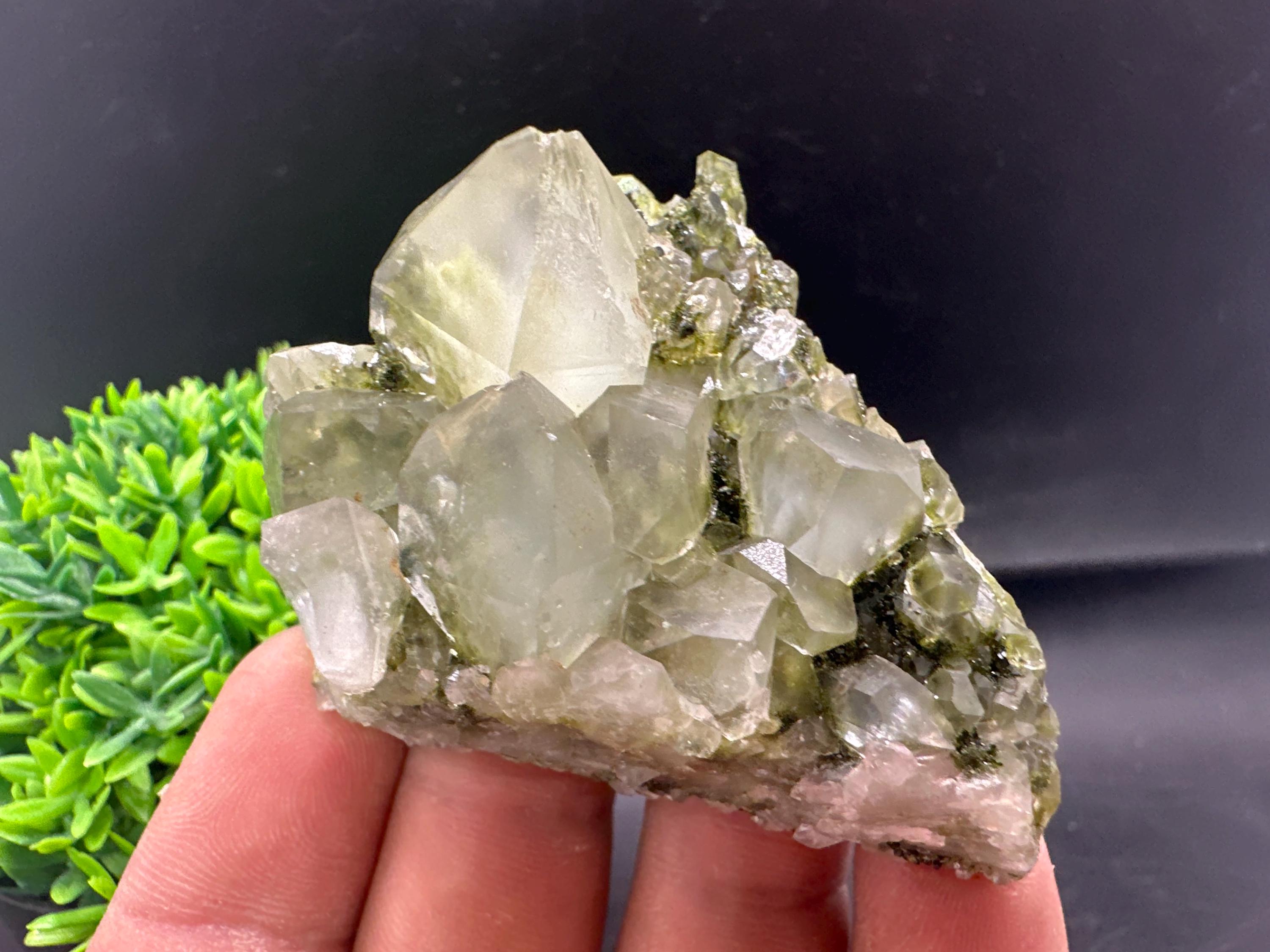 Rare Green Epidote with Quartz Crystals: Sparkly Rainbow Mineral Decor