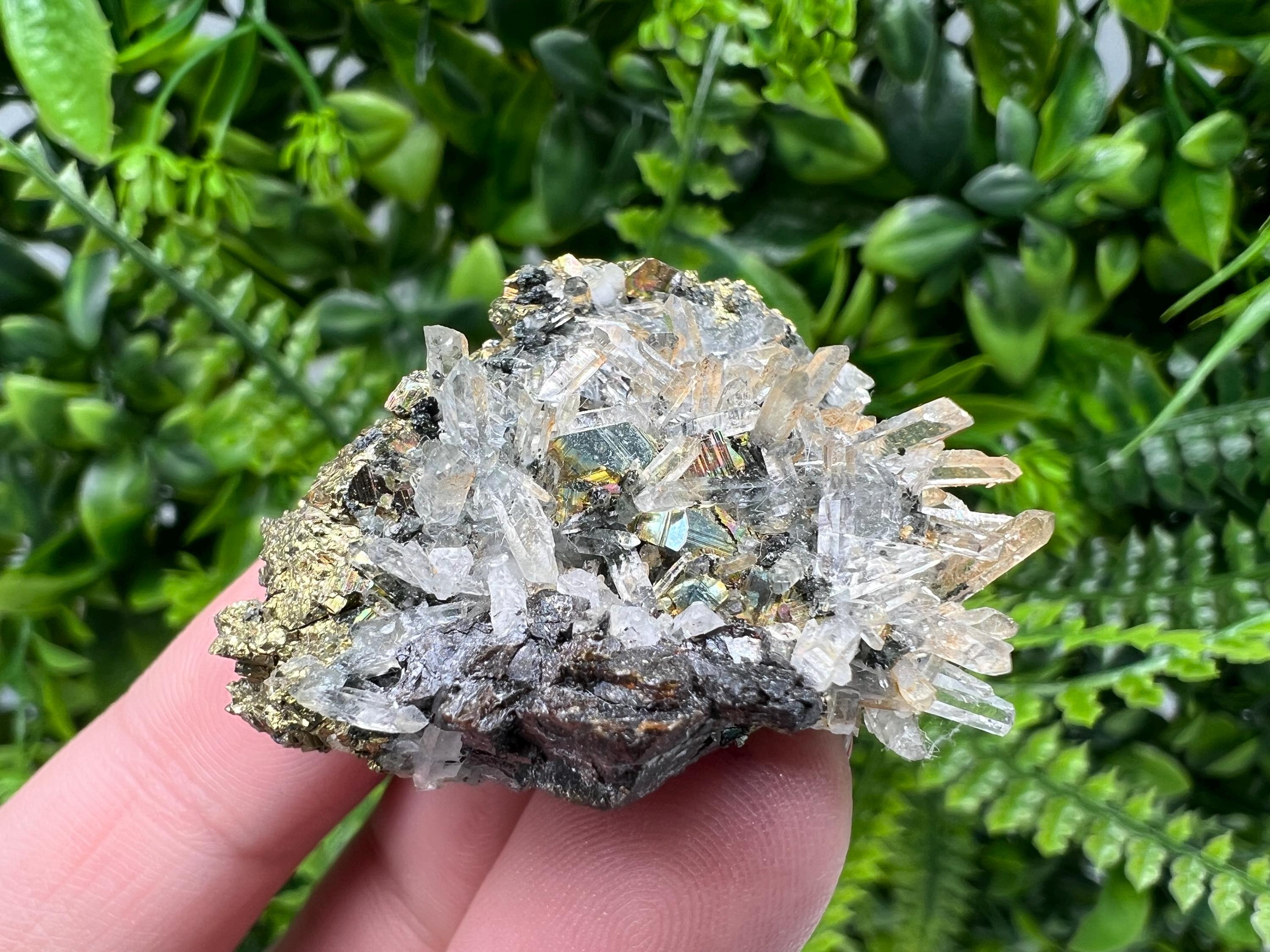 Rainbow Pyrite with Sphalerite on Quartz: Natural Crystal Decor