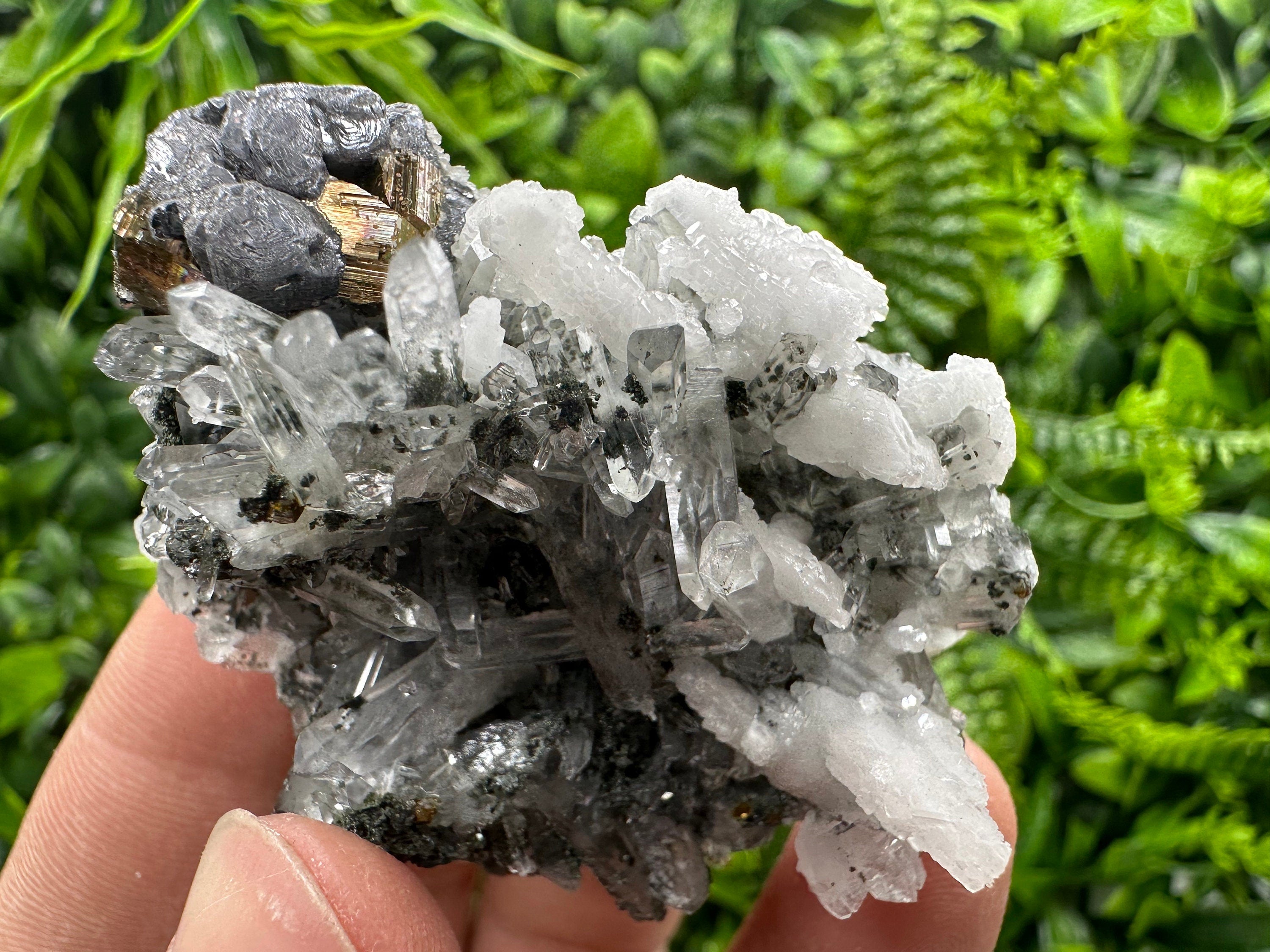 Fluorescent Galena Pyrite Calcite on Quartz - Borieva Madan Mineral