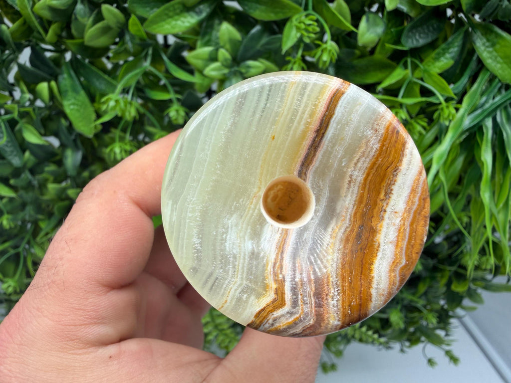Natural Green Onyx Candle Holder – Polished Crystal Stone, Meditation Altar Decor