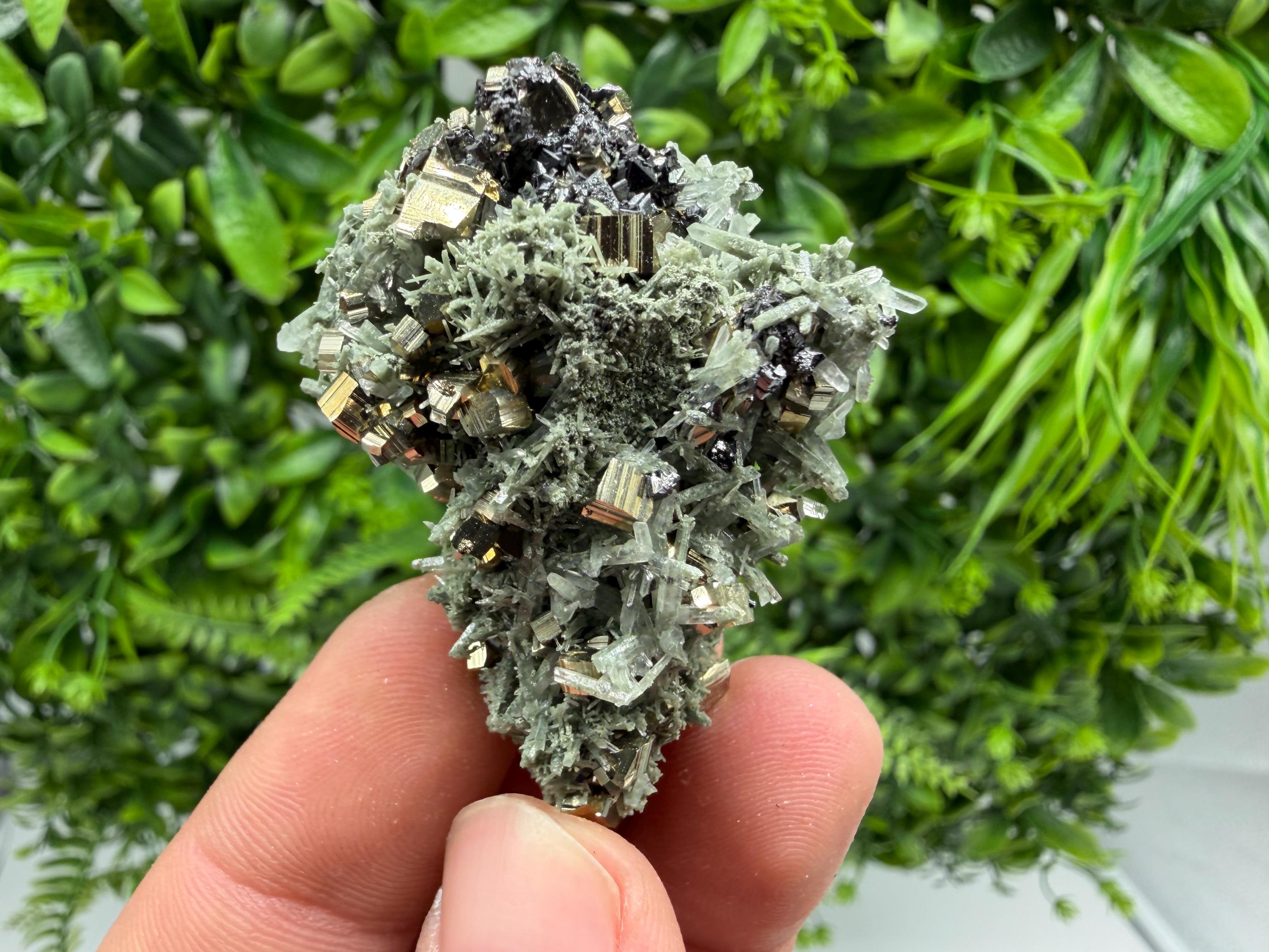 Pyrite on Green Quartz Mineral Specimen, Borieva Mine, Bulgaria