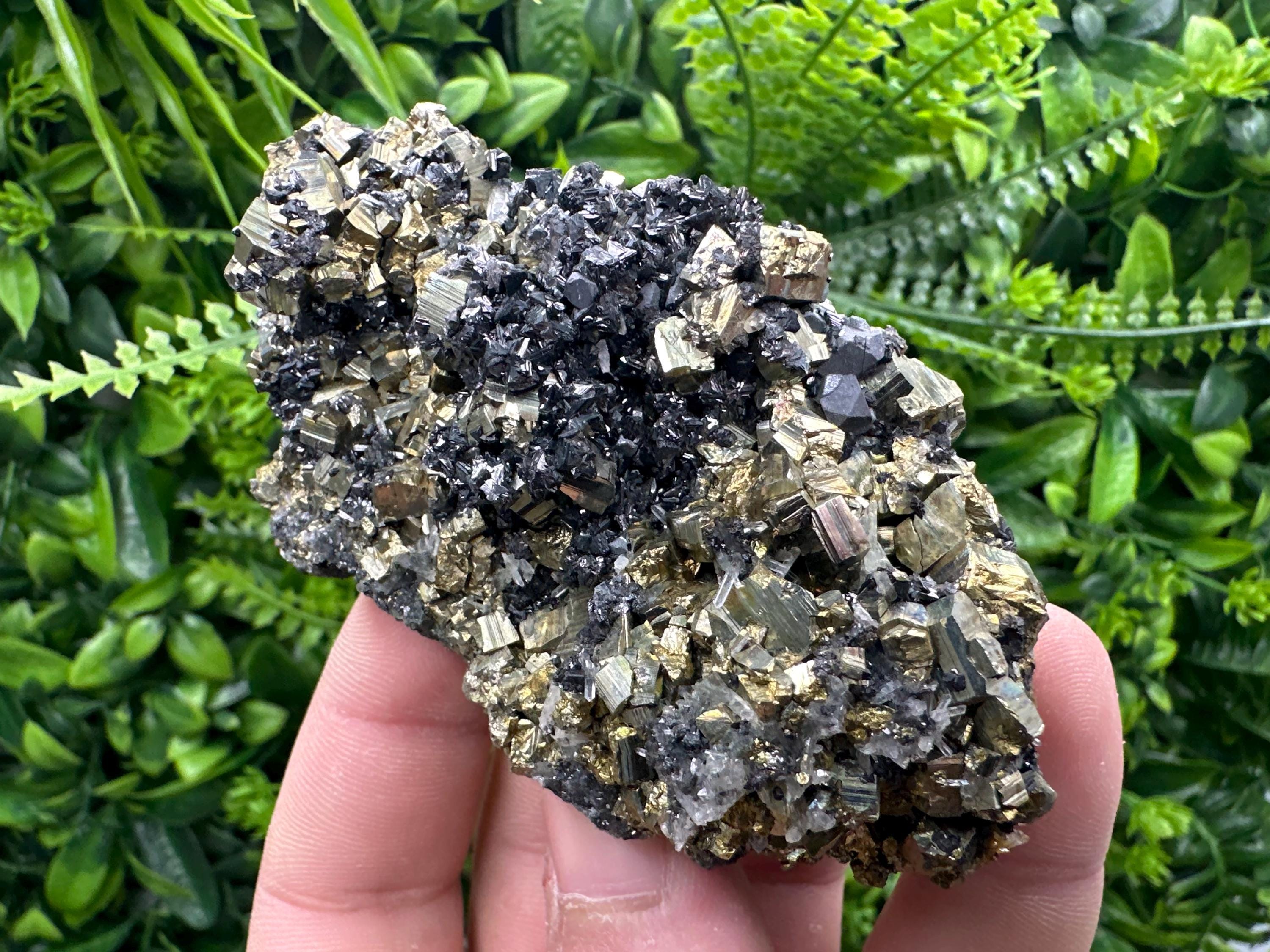Rainbow Pyrite Cluster on Sphalerite, Quartz, Borieva Mine