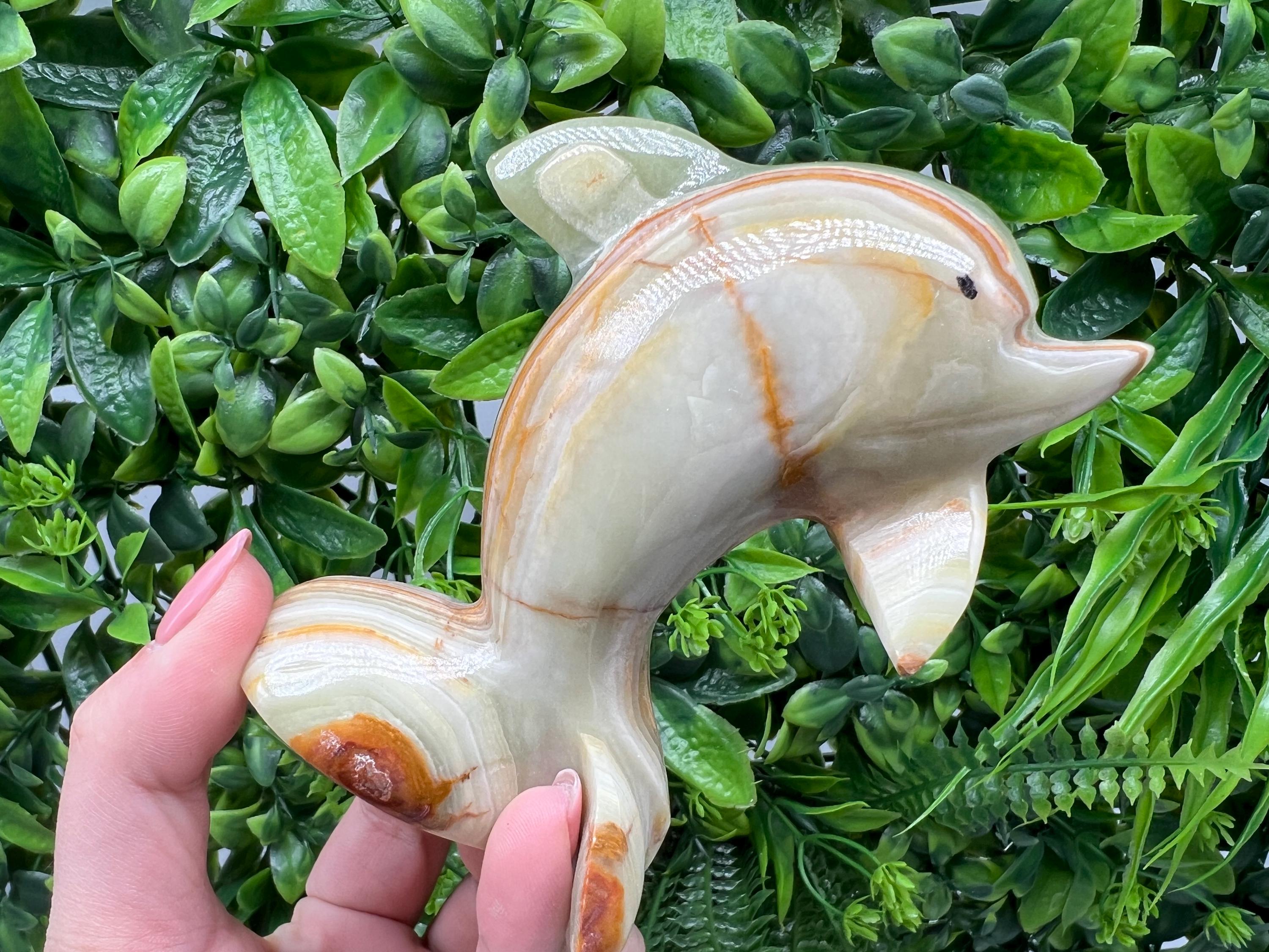 Vintage Onyx Marble Dolphin Figurine: Green & Brown Home Decor