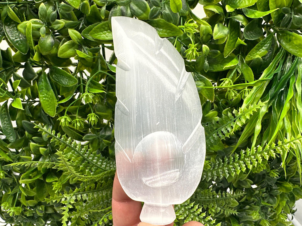 Hand Carved Selenite Leaf Jewelry Holder: Reiki Healing Crystal