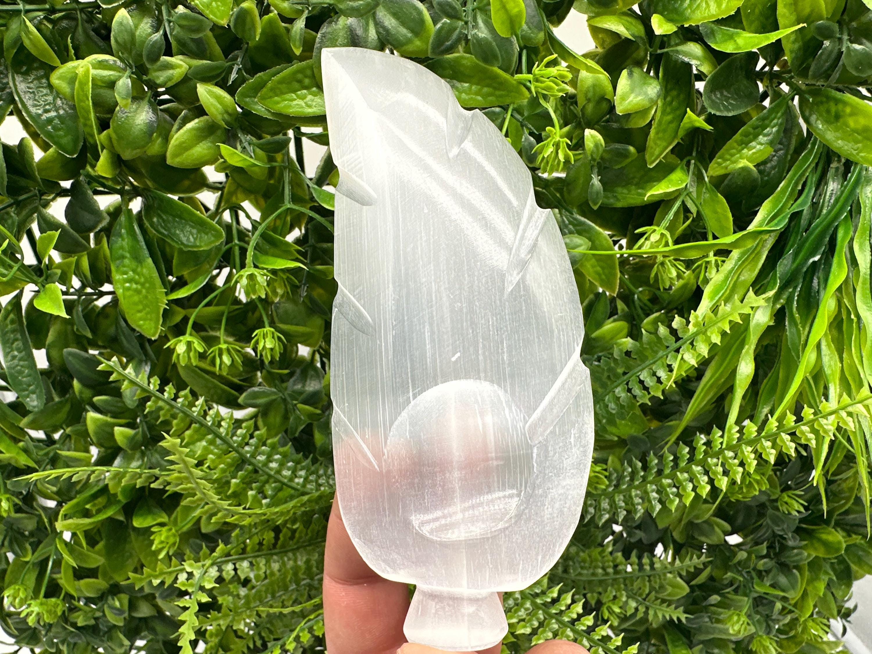 Hand Carved Selenite Leaf Jewelry Holder: Reiki Healing Crystal