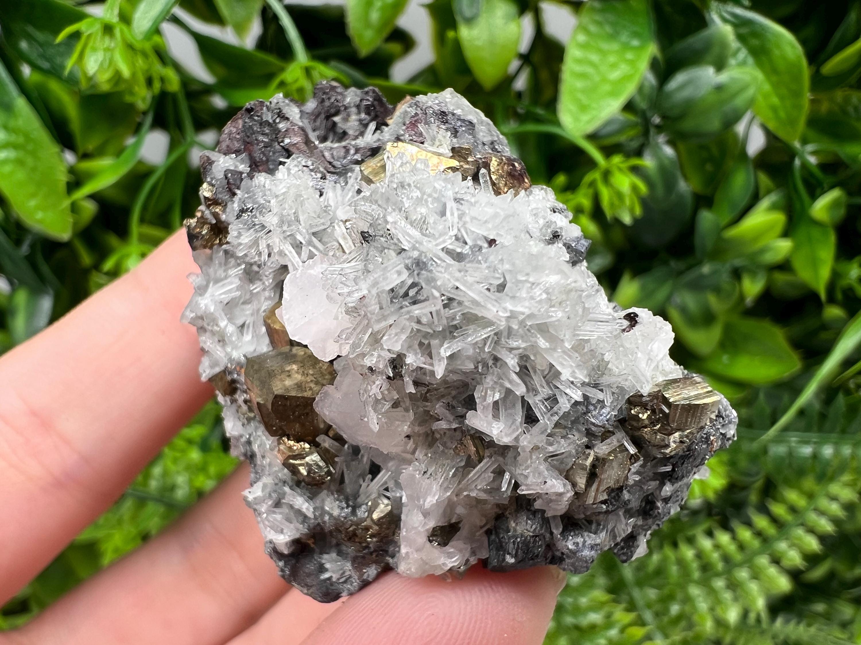 Pyrite on Quartz and Calcite Mineral Specimen, Borieva Mine Bulgaria