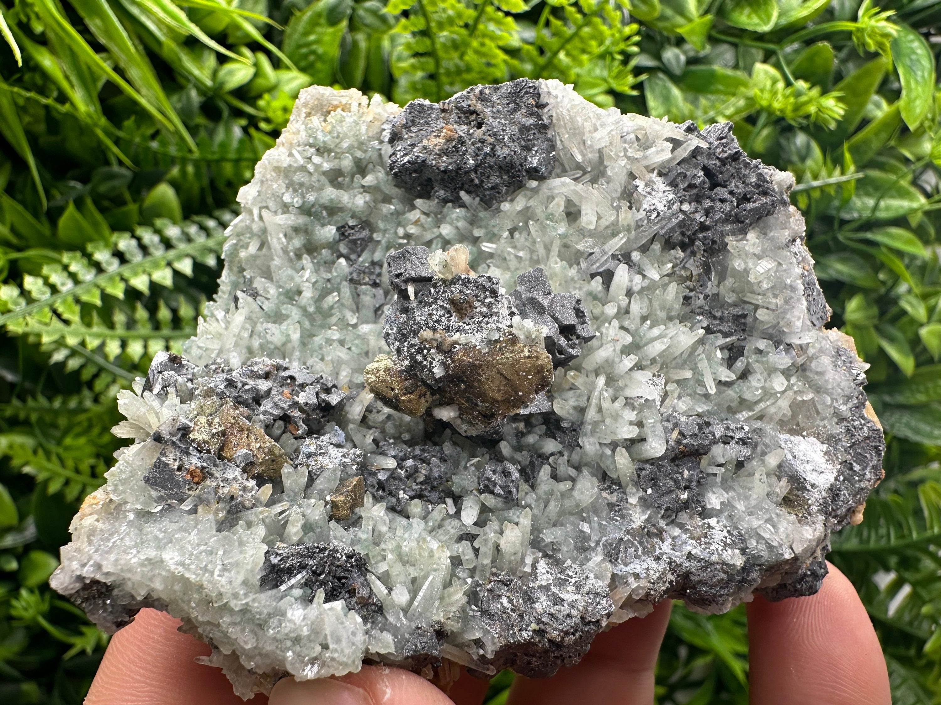 Chalcopyrite Galena on Green Quartz, Bulgaria Mineral Specimen
