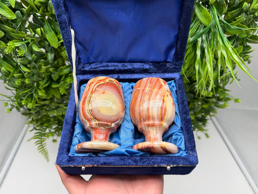 Vintage Natural Onyx Goblet Set: Stone Barware WHIT BOX