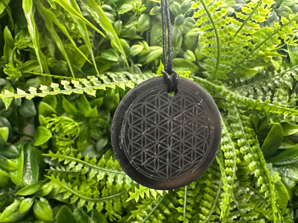Shungite Flower of Life Pendant: EMF Protection Necklace