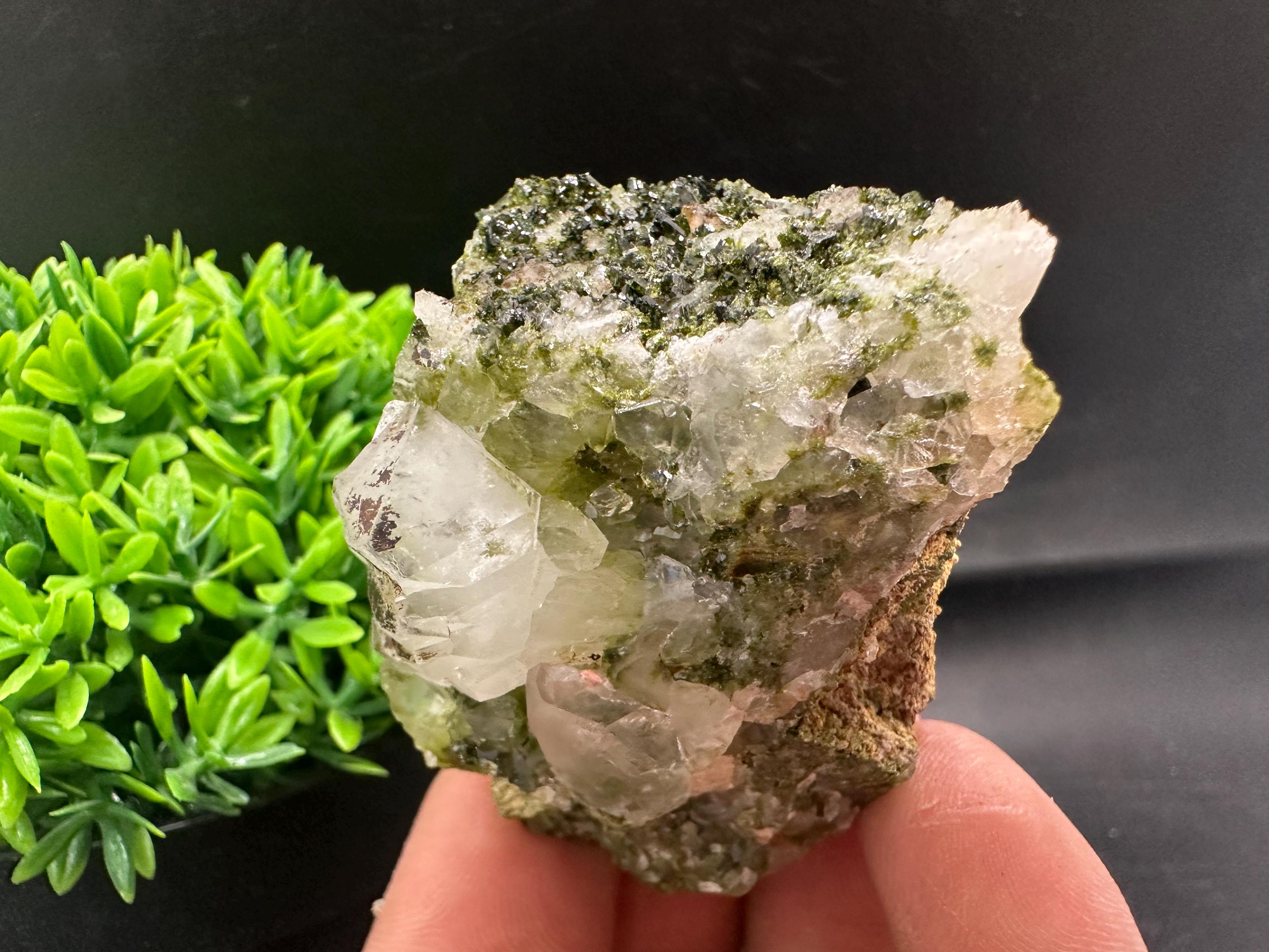 Rare Green Epidote with Quartz Crystals: Sparkly Rainbow Mineral Decor